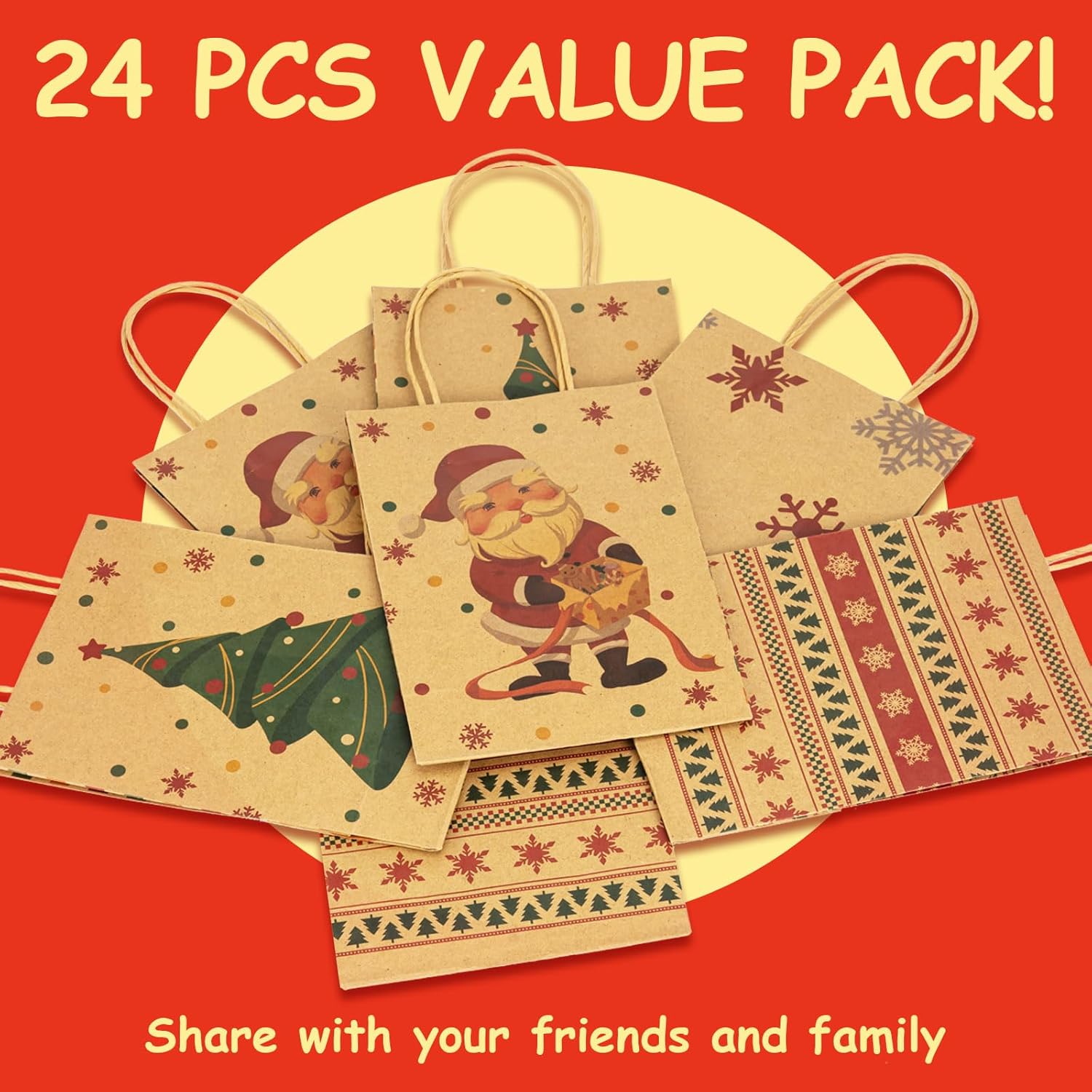 RACETOP 24 bolsas pequeñas de regalo de Navidad con asas, 4 diseños de bolsas de papel kraft de Navidad para bolsas de regalos de Navidad, recuerdos