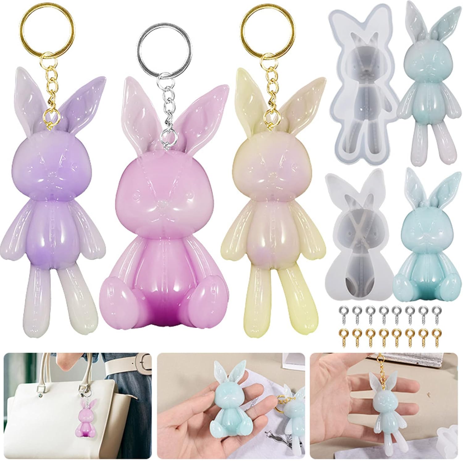 Moldes de resina de conejo 3D, 2 moldes de resina de conejo, moldes de silicona de conejo de Pascua para llavero colgante, joyería, manualidades de