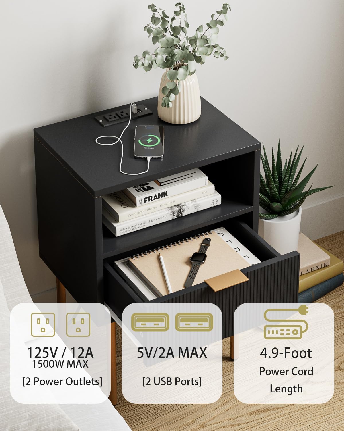 Mesita de noche con estación de carga, cómoda con cajón para dormitorio, mesa auxiliar pequeña con cajón, mesita de noche, mesa auxiliar con marco