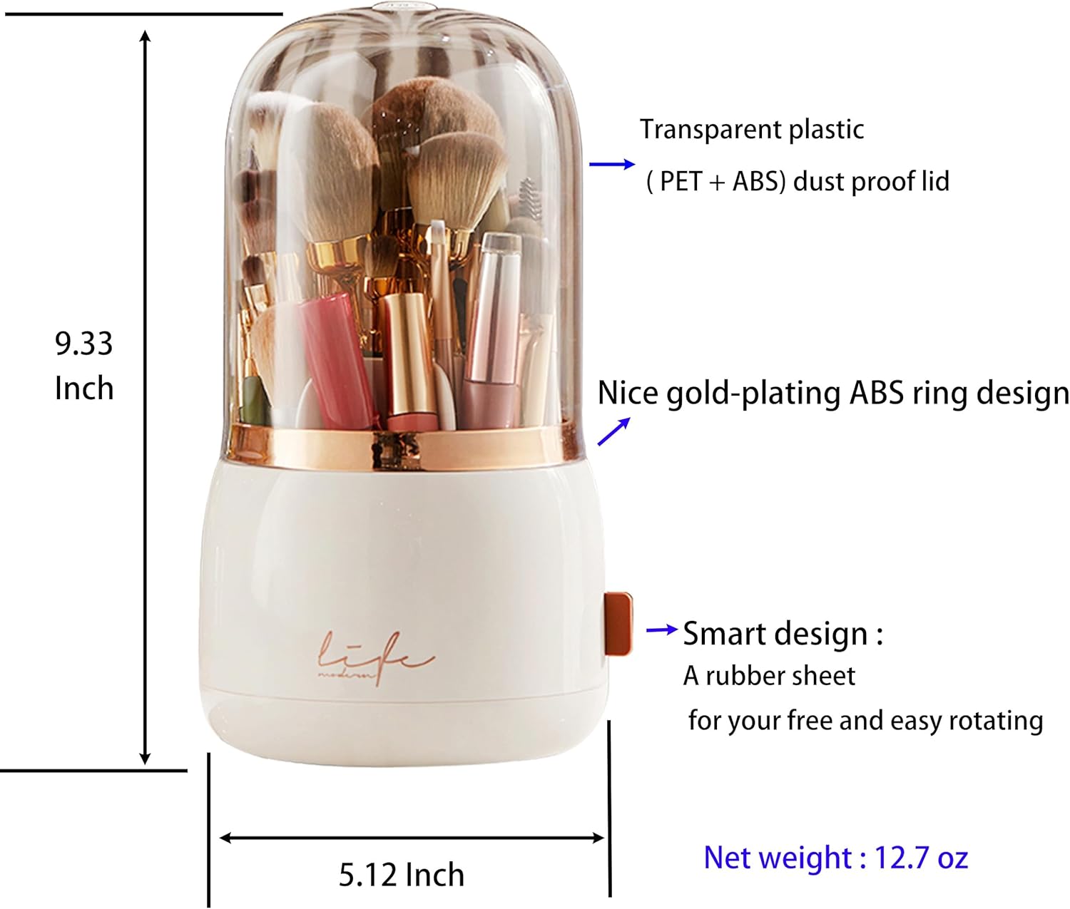 WenkeDigi Soporte para brochas de maquillaje, organizador giratorio de 360 con tapa transparente, brillante a prueba de polvo, organizador de