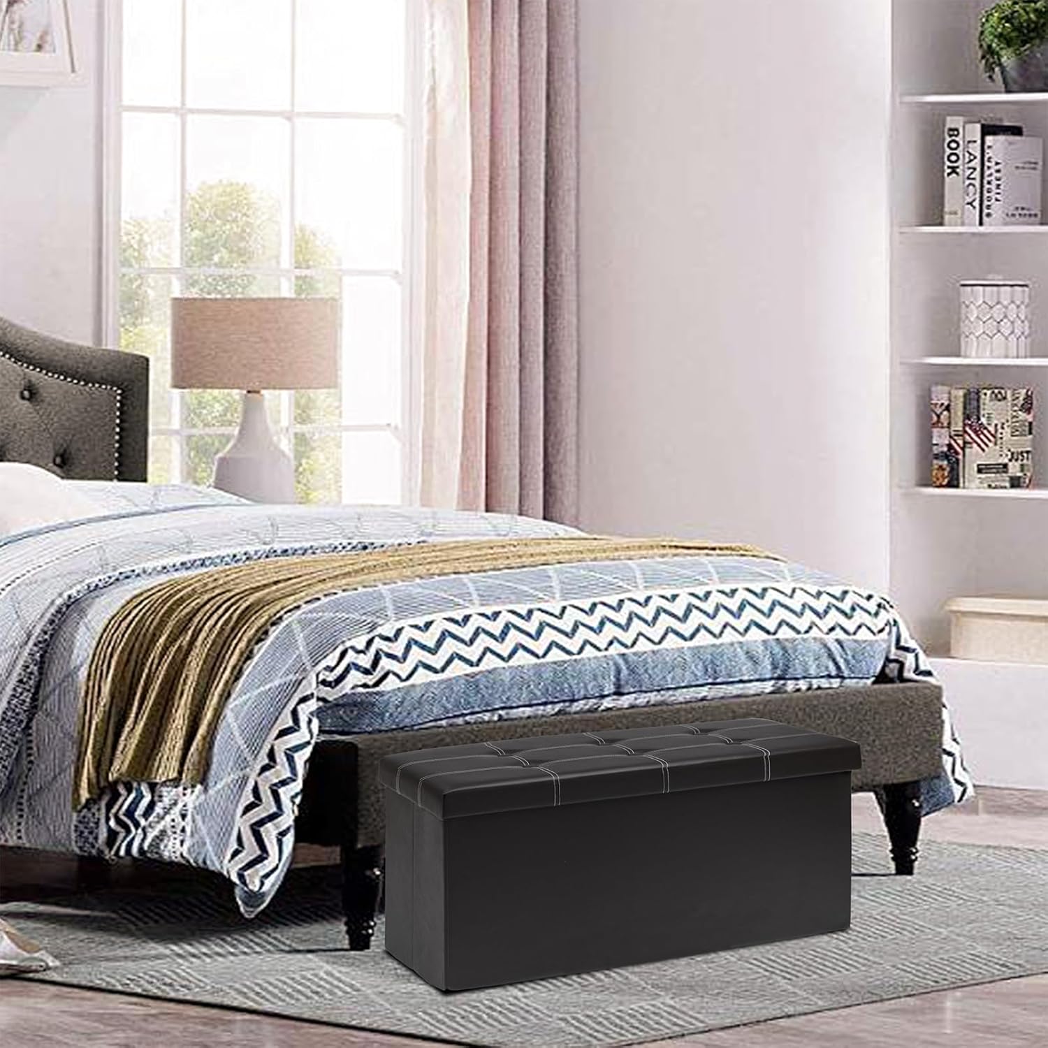 Otomana plegable de almacenamiento de 30 pulgadas, otomana de cuero sintético negro, banco de almacenamiento para dormitorio, sala de estar y