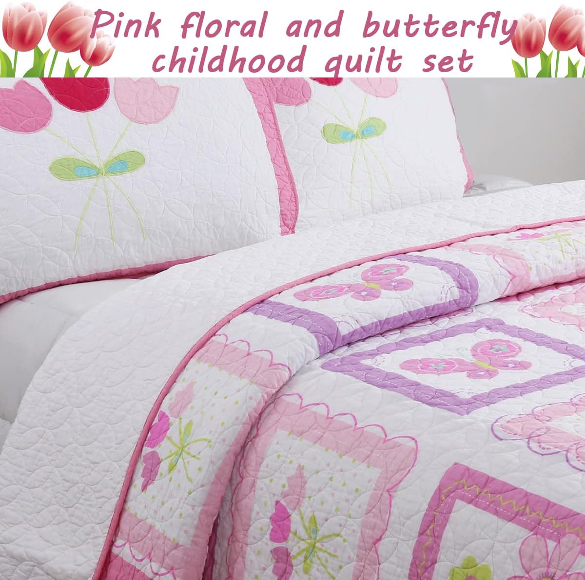 Cozy Line Home Fashions – Juego de ropa de cama con diseño de tulipán, mariposa, flores rosas, reversible, 100 % de algodón