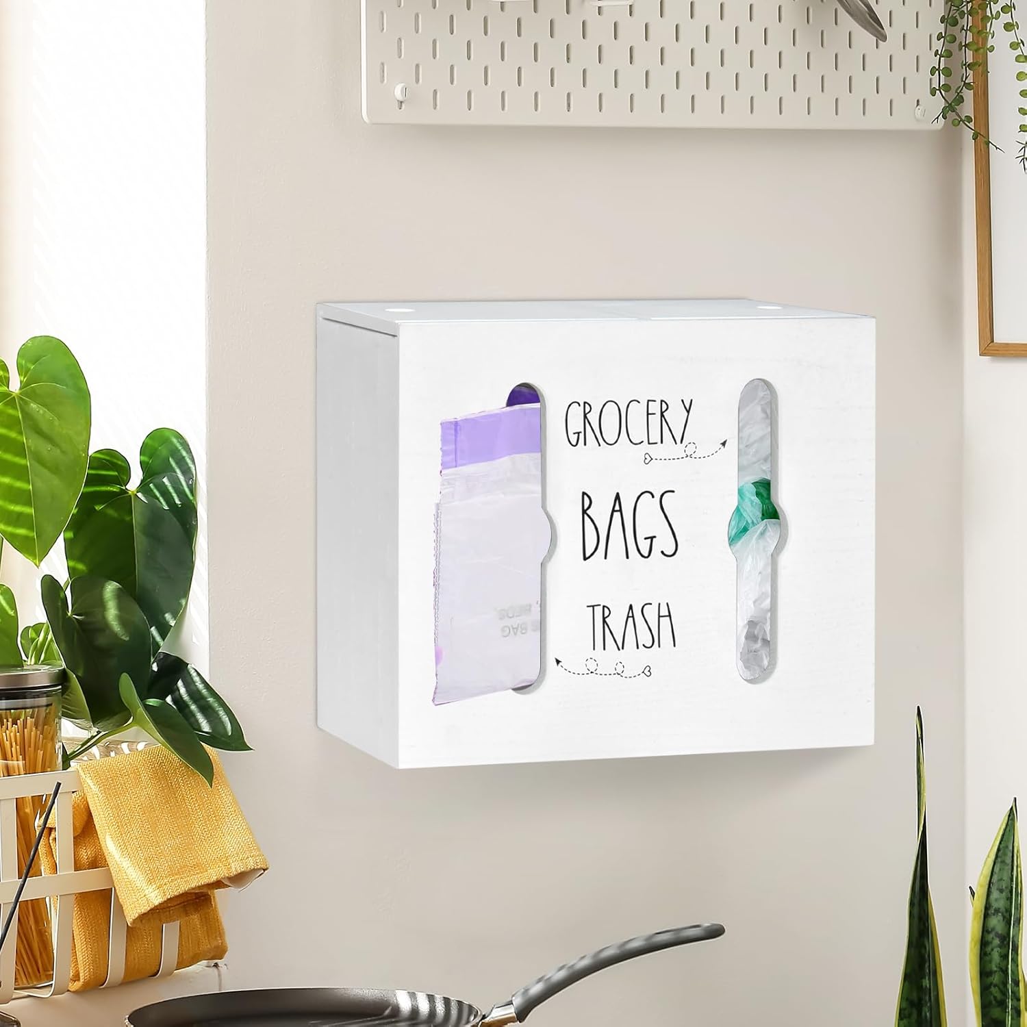 SOWA Soporte para bolsas de plástico de madera y dispensador de bolsas de basura, dispensador de bolsas de plástico 2 en 1 para bolsas de