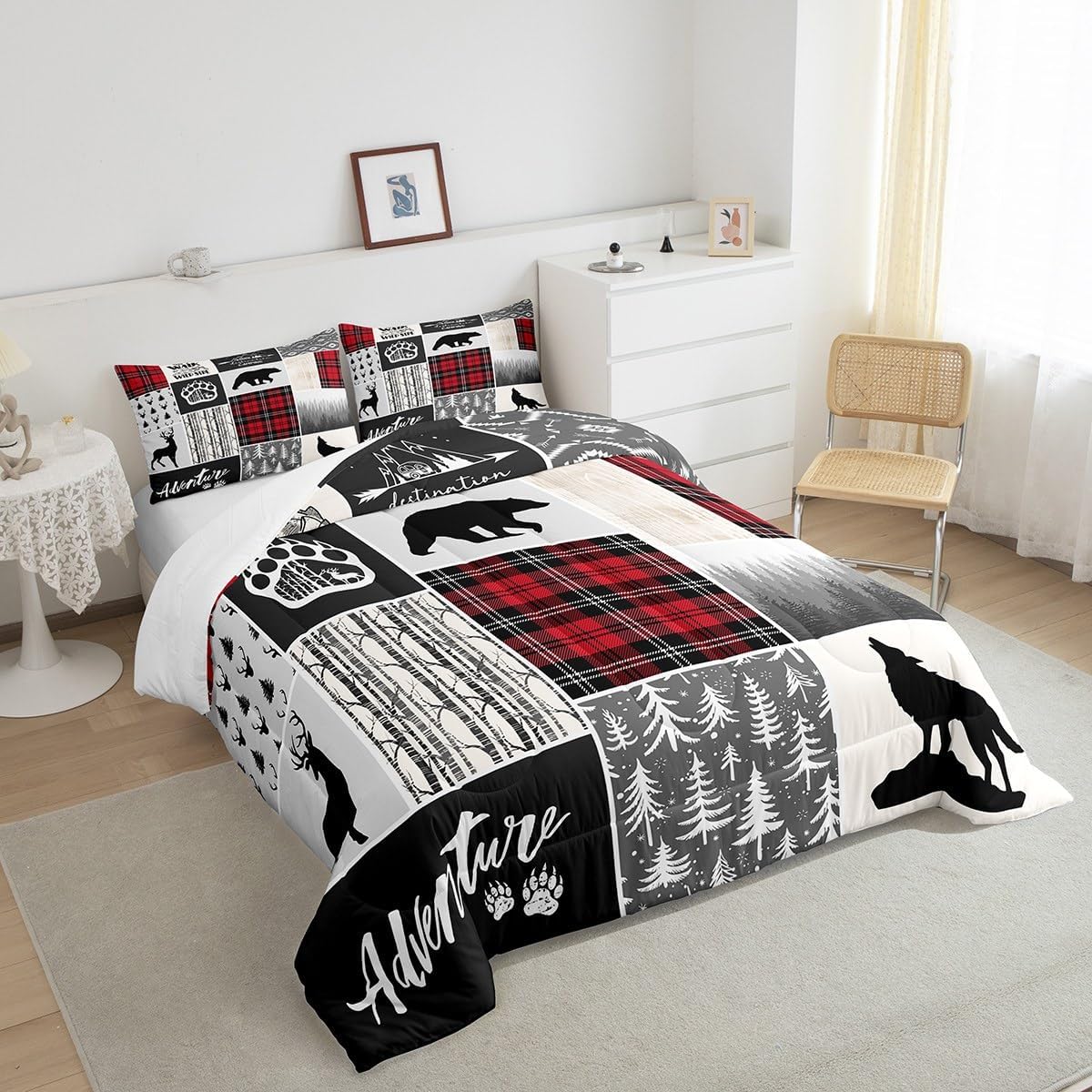 Juego de edredón de ciervos y cuernos de ciervo, juego de ropa de cama de Navidad con patas de oso y pinos para decoración de habitación de niños,