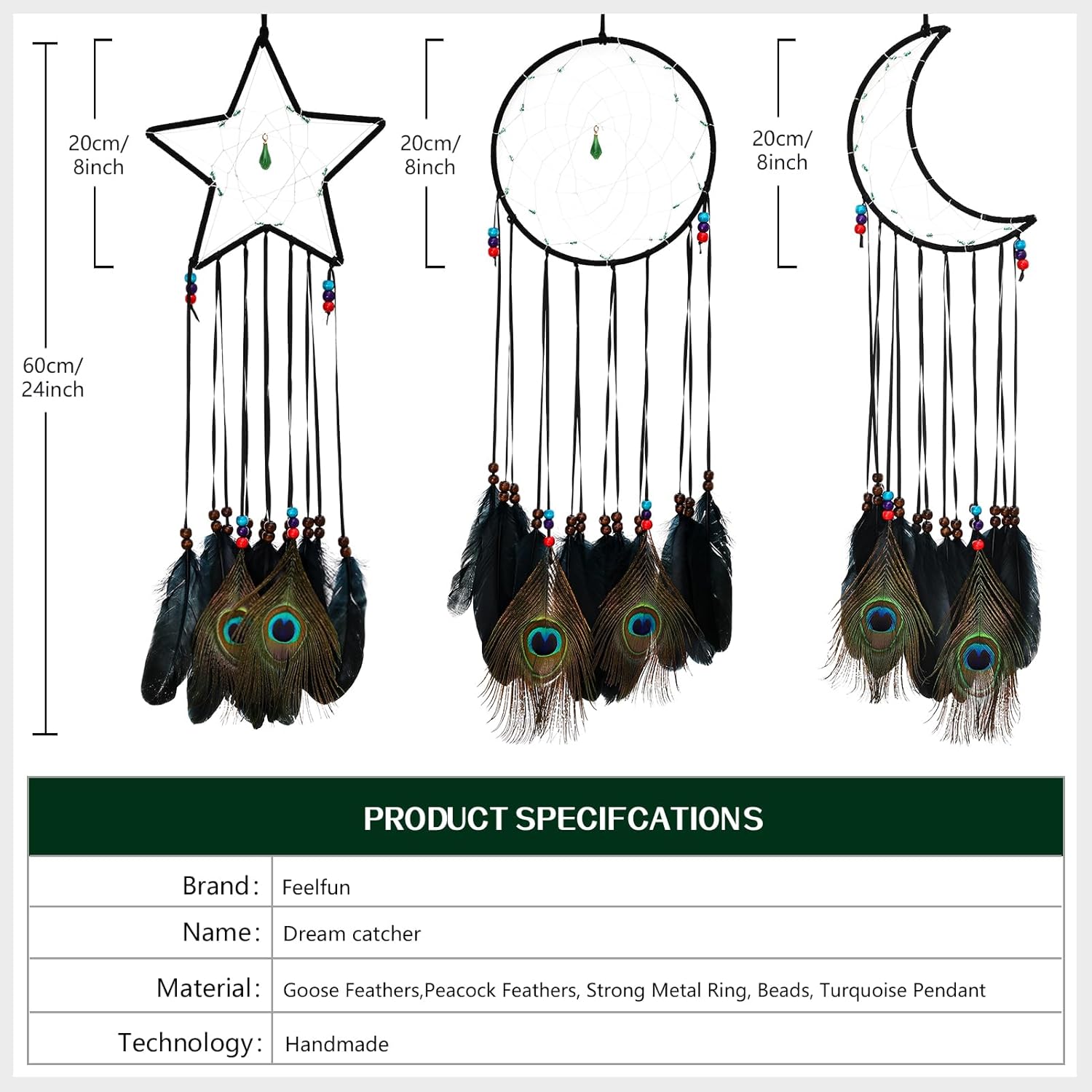 FeelfunFeather 3 piezas de atrapasueños negros tradicionales con diseño de luna, sol, estrella y plumas negras y de pavo real para niños para colgar