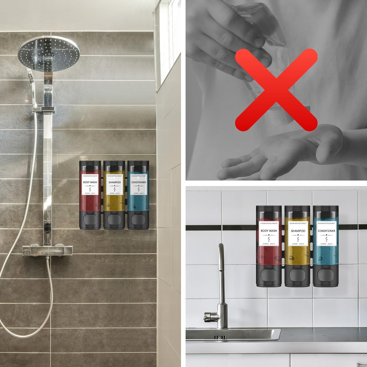 Shampoo and Conditioner Dispenser, Bathroom Shower Dispenser 3 Chamber No Drill Shampoo Dispenser, Perfect for Bathroom Wall, Kitchen Wall, Hotel