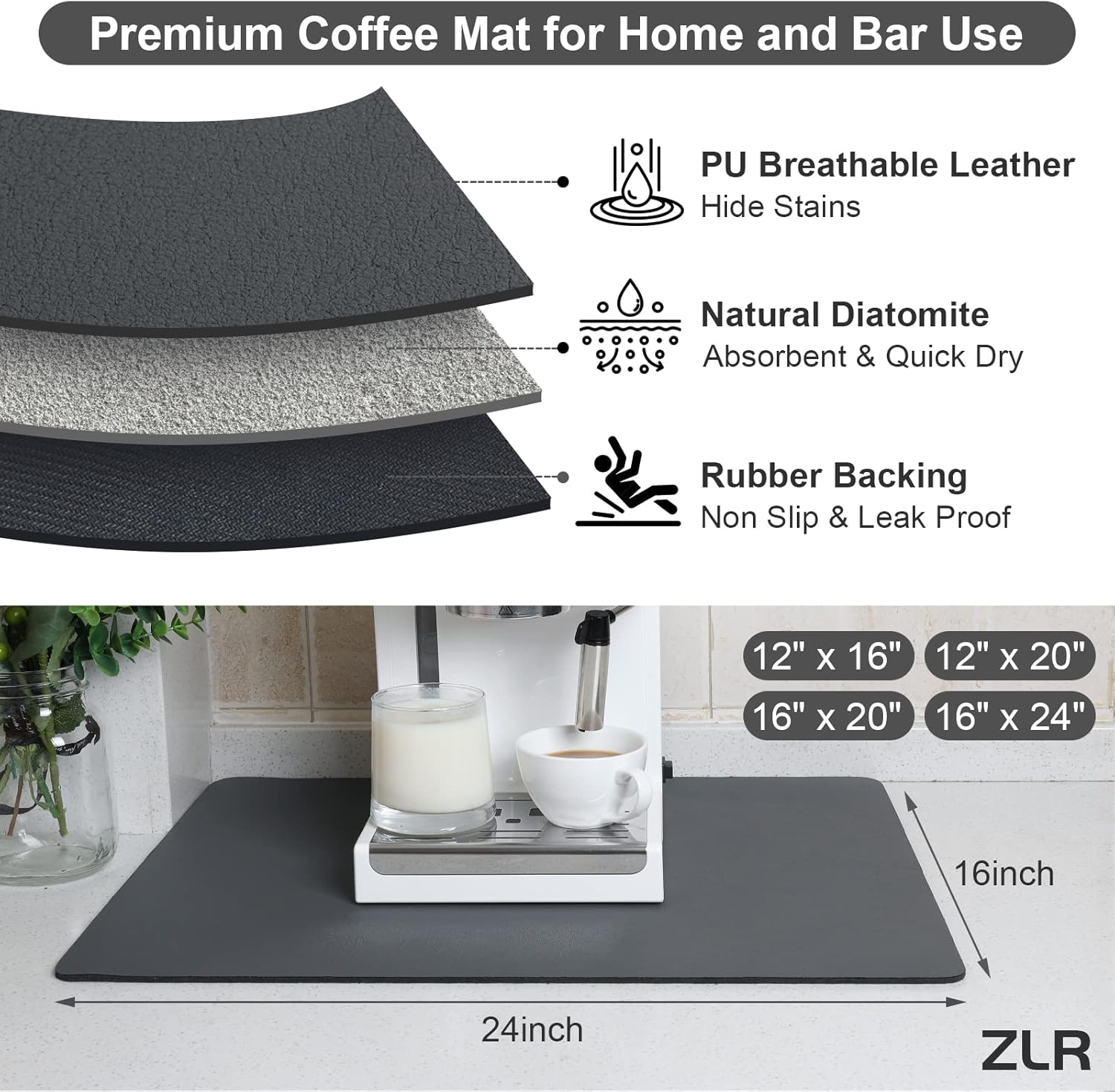 ZLR Tapete de café  Tapete de secado de cocina extra grande absorbente de 16 x 24 pulgadas para platos, tapete de barra de café fácil de limpiar