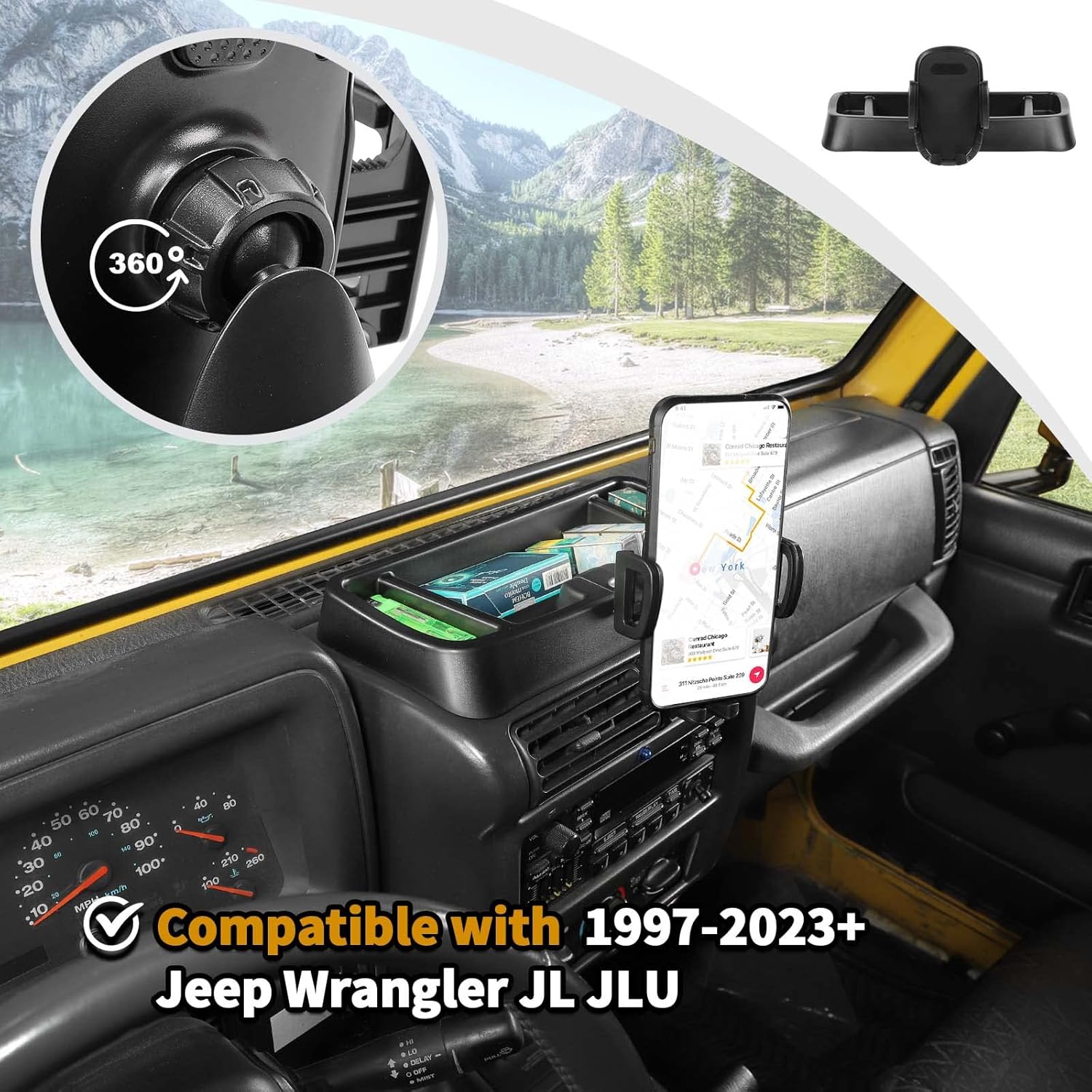 JWWY Soporte de teléfono para Jeep TJ con bandeja de almacenamiento compatible con accesorios Jeep Wrangler TJ 1997-2006, color negro