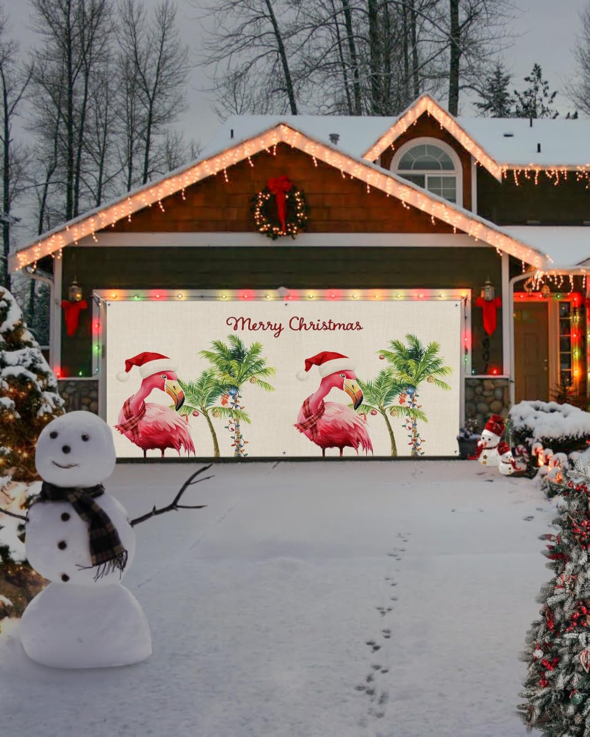 Pancarta de Navidad para puerta de garaje, 7 x 16 pies, Feliz verano, Navidad, isla de Santa Claus, búfalo negro, decoración de puerta de garaje,