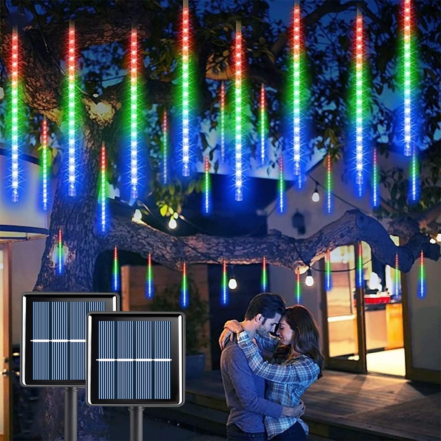 WAKAKA Paquete de 2 luces solares de lluvia de meteoritos para exteriores, luces solares multicolor para exteriores, 11.8 pulgadas, 16 tubos, 288
