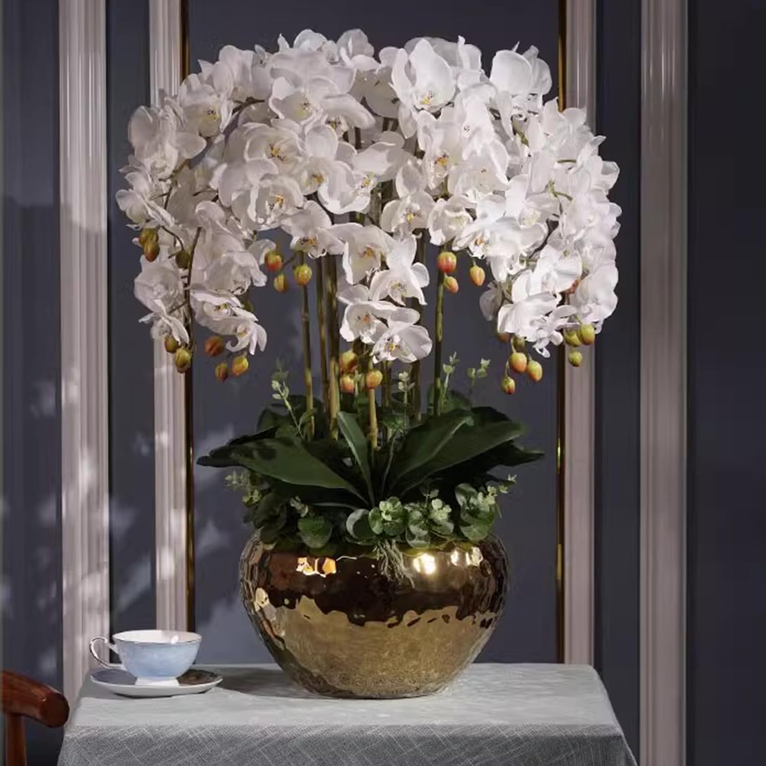 6 flores artificiales de Phalaenopsis con orquídeas falsas, plantas de tallo con 2 hojas para decoración (blanco)