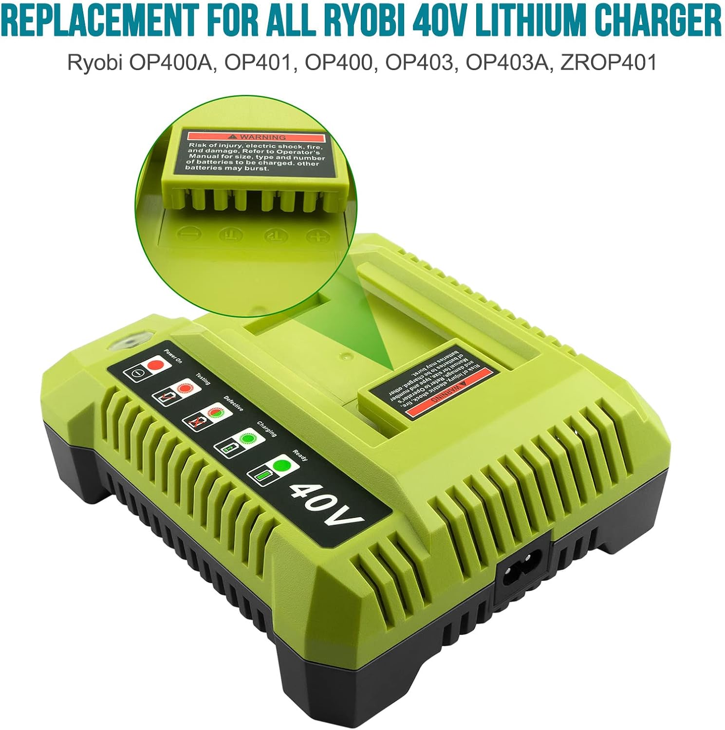 ADVTRONICS Cargador OP401 de iones de litio de 40 voltios compatible con batería Ryobi de 40 V OP4026 OP40201 OP40401 OP4050 OP4050A OP40501 OP40601
