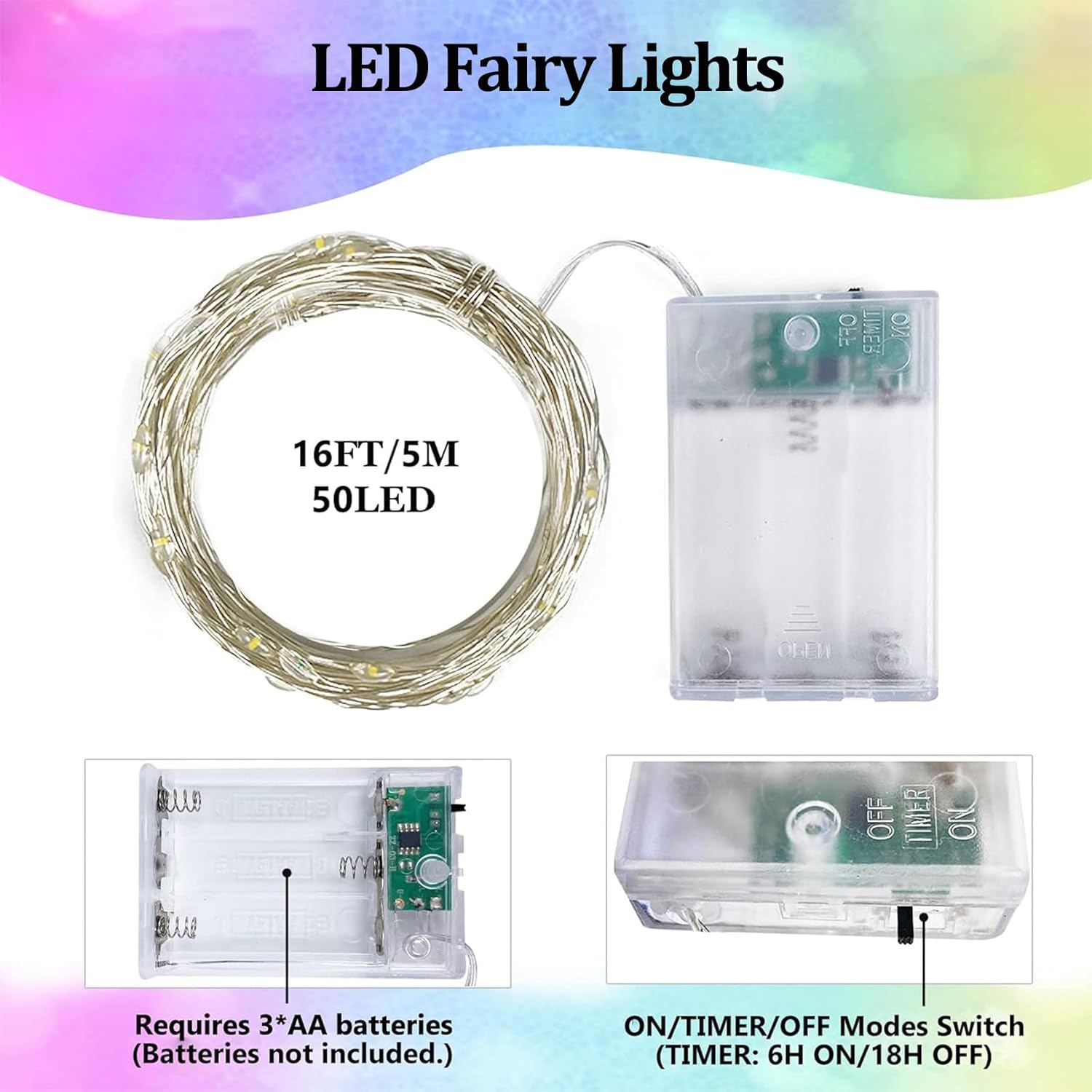Paquete de 4 50 luces LED que funcionan con pilas, con temporizador, cadena de luces estrelladas impermeables de 16 pies para exteriores e