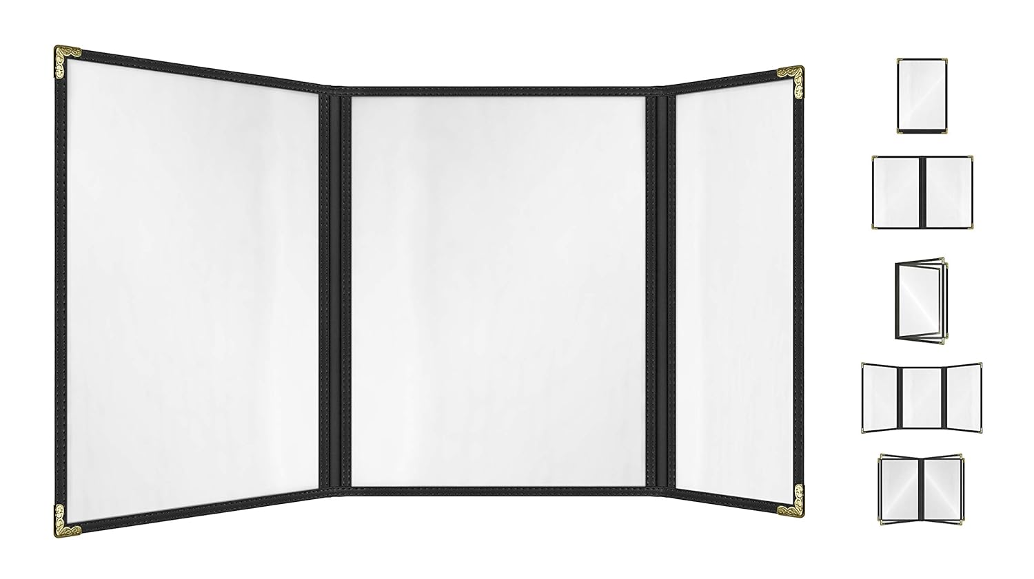 Goodsmart Cafe Style – Paquete de 25 fundas para menú, borde doble costura, vinilo transparente (negro, 2.5 páginas6 vistas trifold, 8.5 x 11