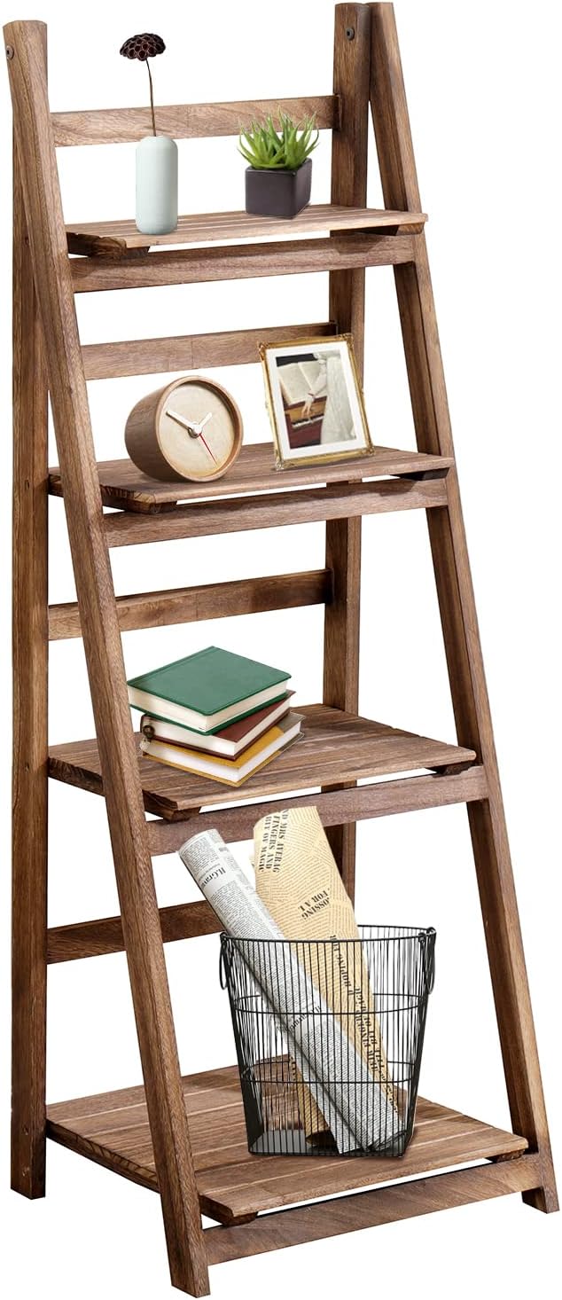 ECOMEX Estante de escalera de 4 niveles, estante de escalera de madera de 4 niveles, estante de escalera plegable rústico para almacenamiento para