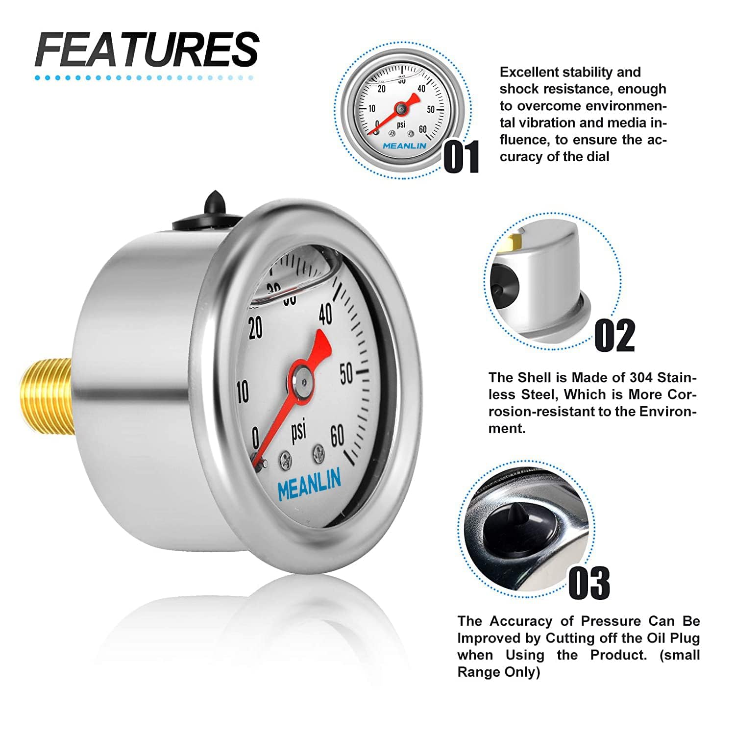 MEANLIN MEASURE Medidor de presión de 0  60 psi, esfera con cara NPT de 1.5 pulgadas, relleno de glicerina, de acero inoxidable, con relleno de