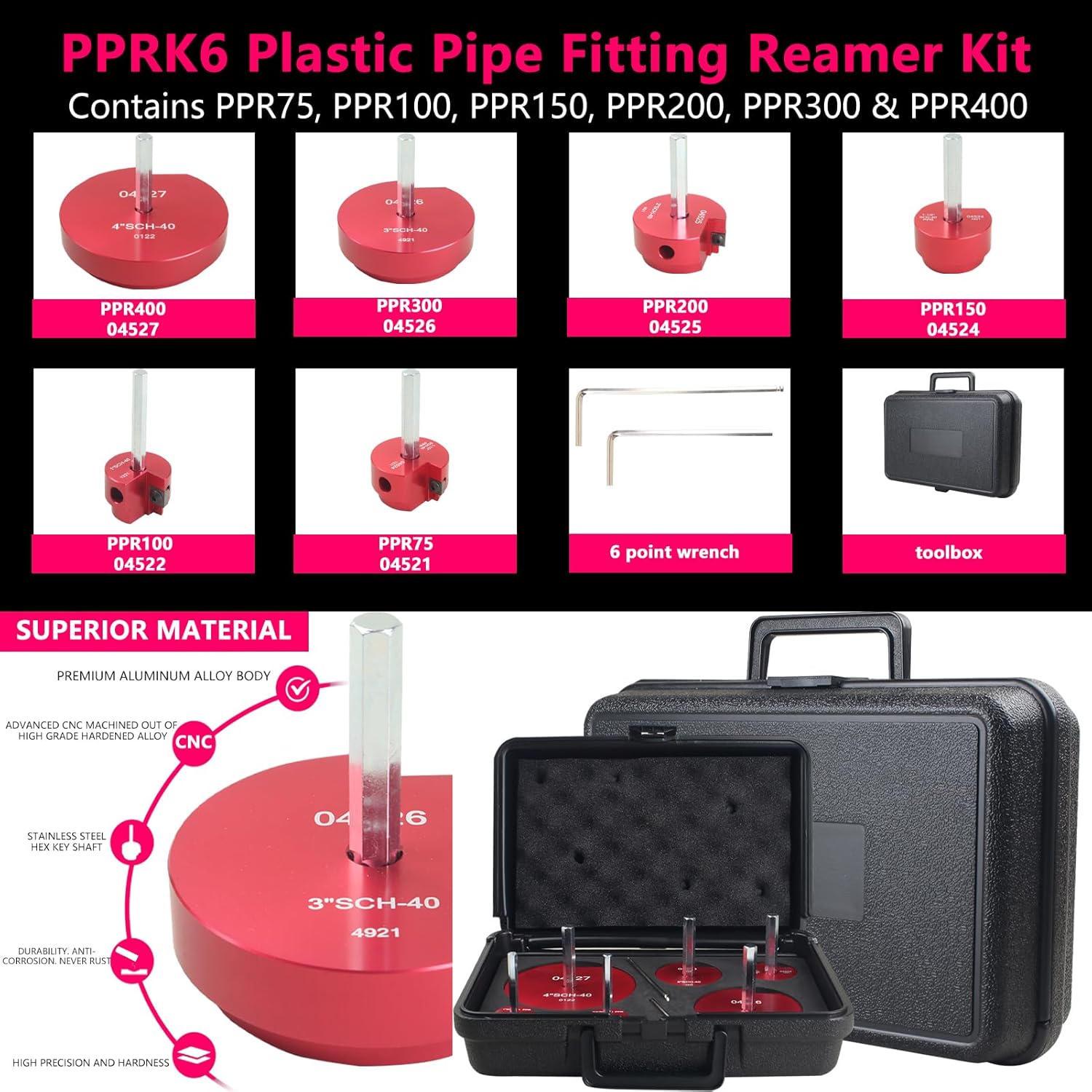 04529 para kit de herramientas de escariador de tubos de PVC con 34 pulgadas, 1 pulgada, 1-12 pulgadas, 2 pulgadas, 3 pulgadas, 4 pulgadas de