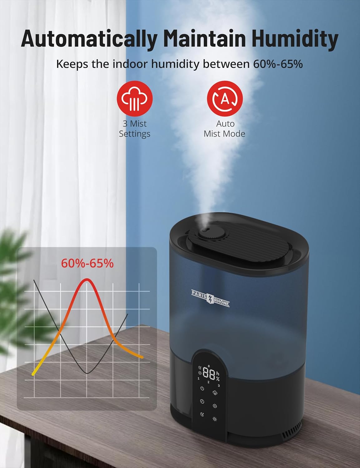 Humidificadores para dormitorio, humidificadores de llenado superior PARIS RHÔNE de 4L para el hogar y habitación grande, difusor de aceite