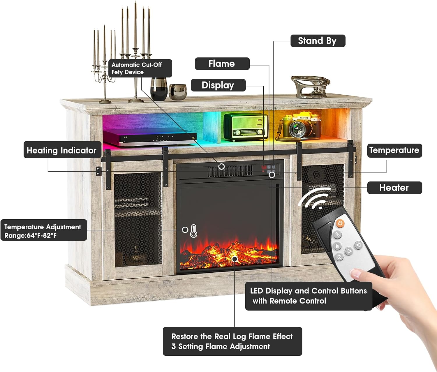 Inserto de chimenea eléctrica de 18 pulgadas, calentador de chimenea empotrado con bajo ruido, control remoto con temporizador, pantalla táctil,