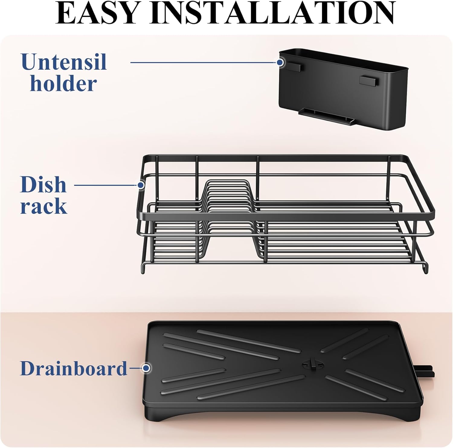 Escurridor de platos para encimera de cocina, escurridor grande con escurridor, escurridor de platos inoxidable con soporte para utensilios para
