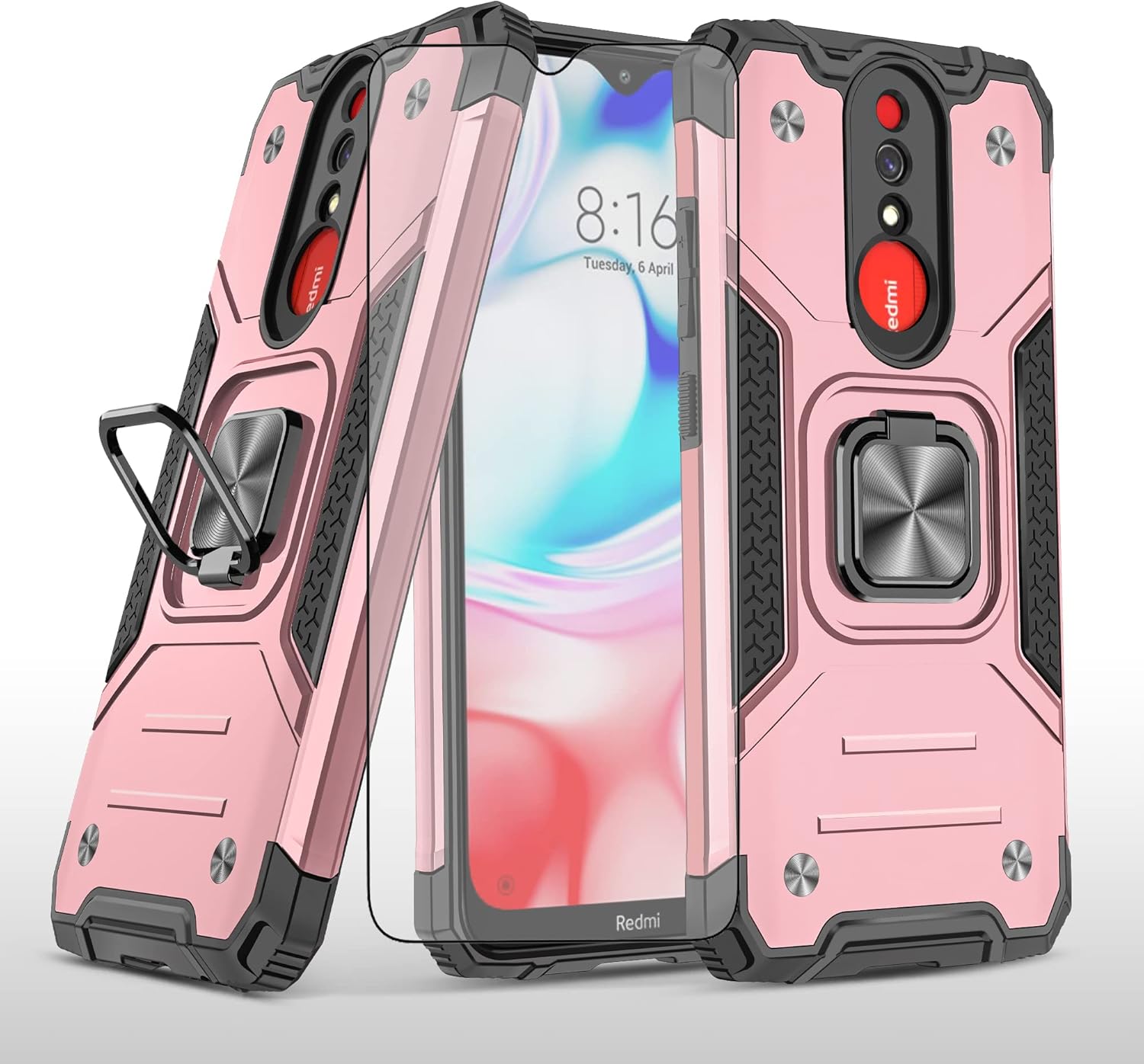 Asuwish Funda de teléfono para Xiaomi Redmi 8A Redme 8 con protector de pantalla de vidrio templado y soporte de anillo delgado híbrido protector