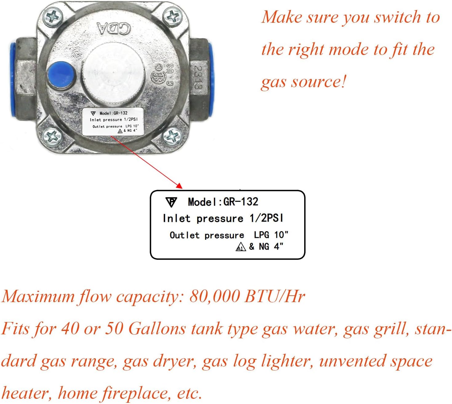 Regulador convertible de presión LPG y NG con conexión de entrada y salida de rosca de 12″-14NPT, presión de entrada de 12 PSI y presión de salida