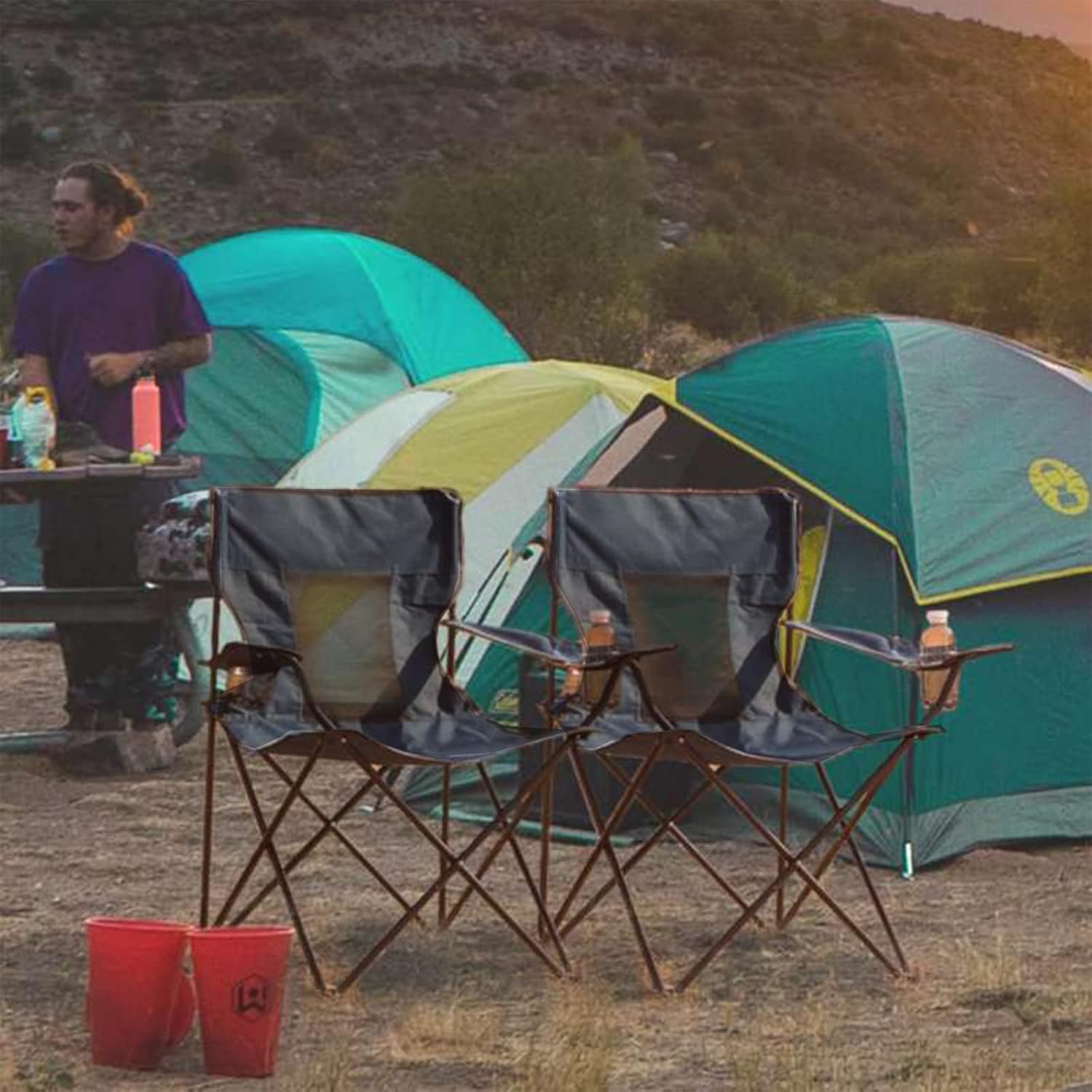 ONENESS Silla de camping, silla de pesca plegable portátil para picnic al aire libre con 2 portavasos para pesca, deportes, playa y camping