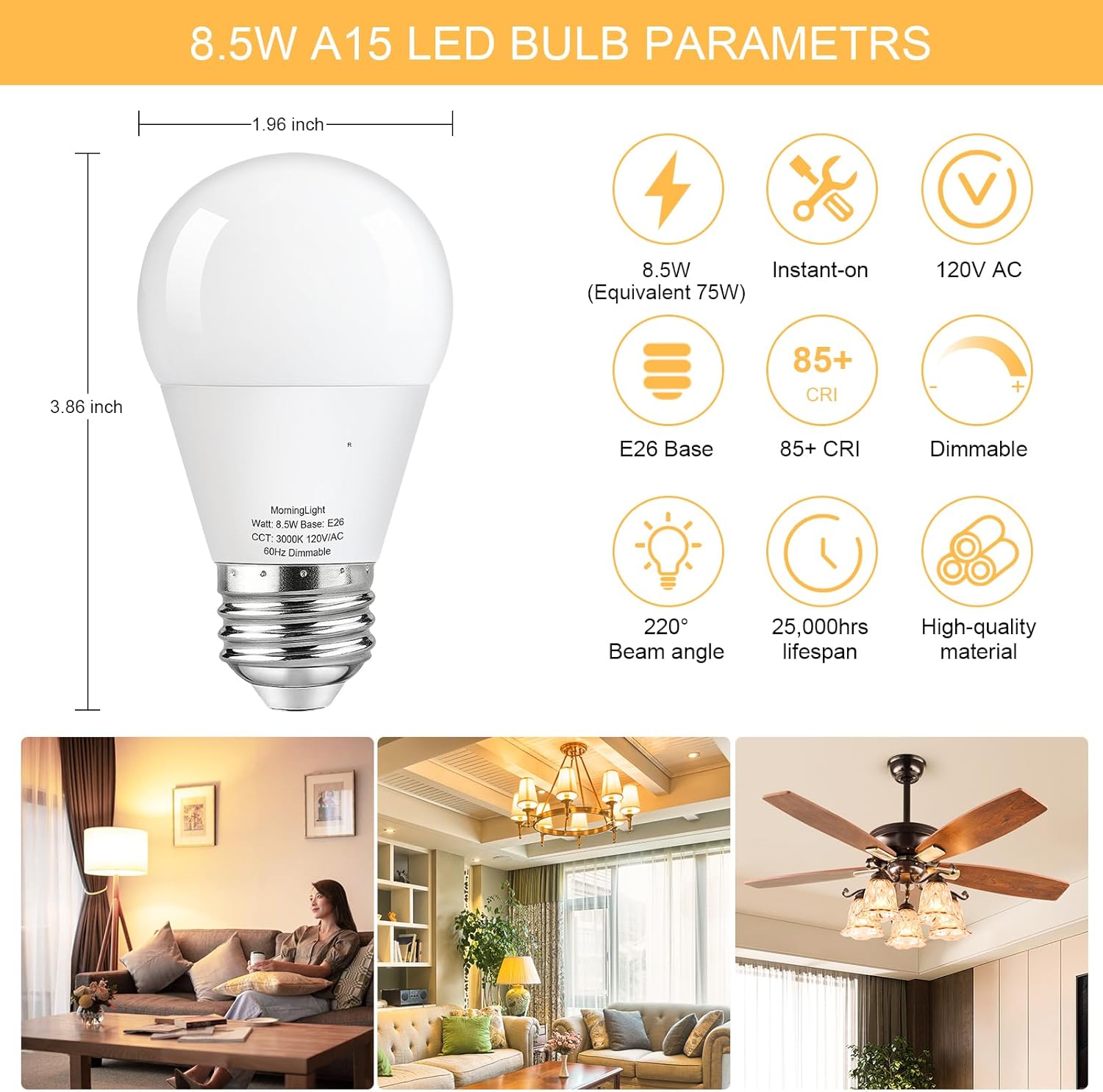 Paquete de 8 bombillas LED A15, equivalente a 75 W, regulable, blanco suave de 3000 K, 800 LM, bombillas de ventilador de techo regulables de 8.5 W,