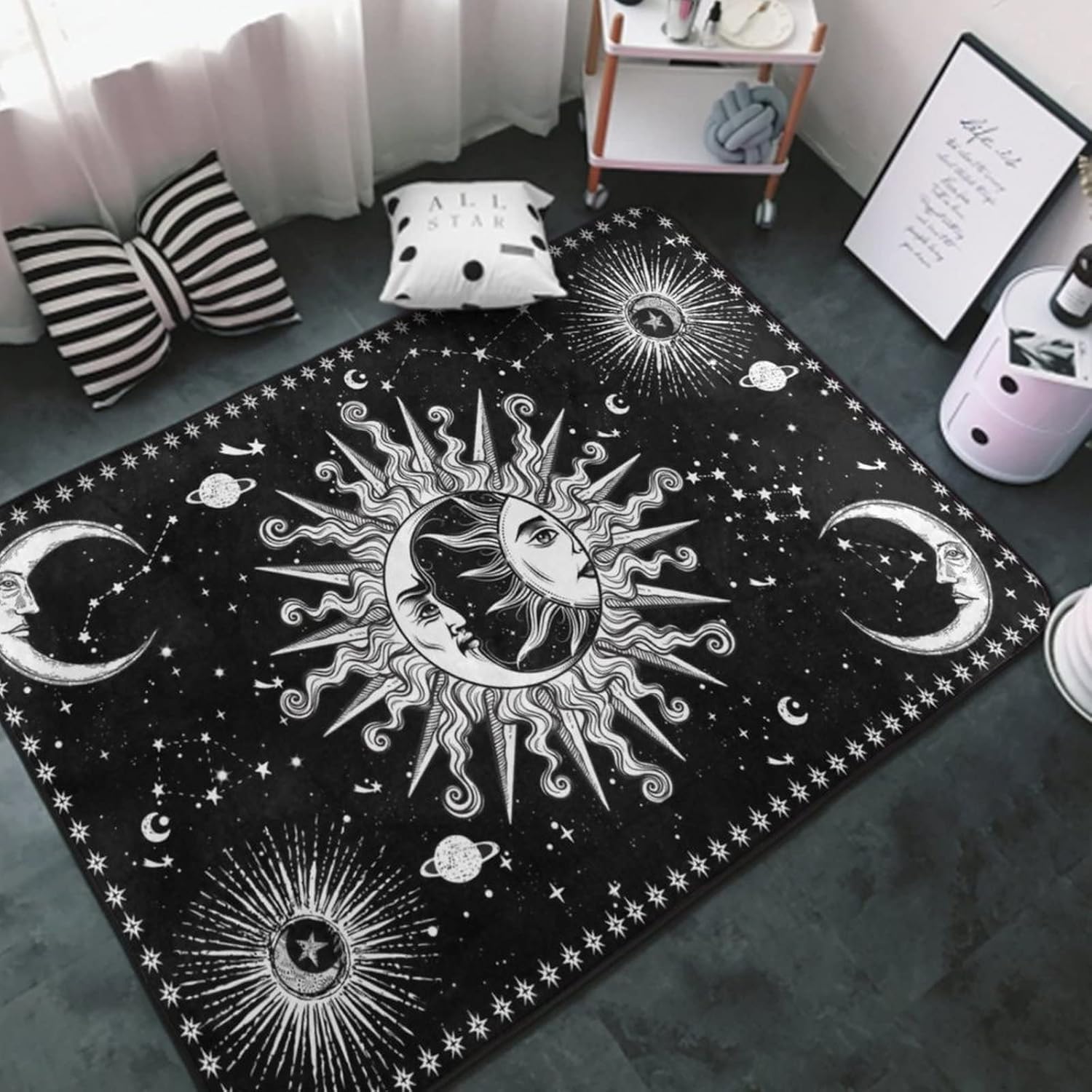 Alfombra estética de sol y luna en blanco y negro con diseño místico de estrellas para interiores y exteriores, 60 x 39 pulgadas