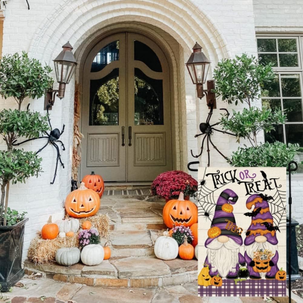 Bandera de jardín de gnomo de Halloween, bandera de jardín de truco o trato, decoración de Halloween para patio, decoración al aire libre, 12 x 18