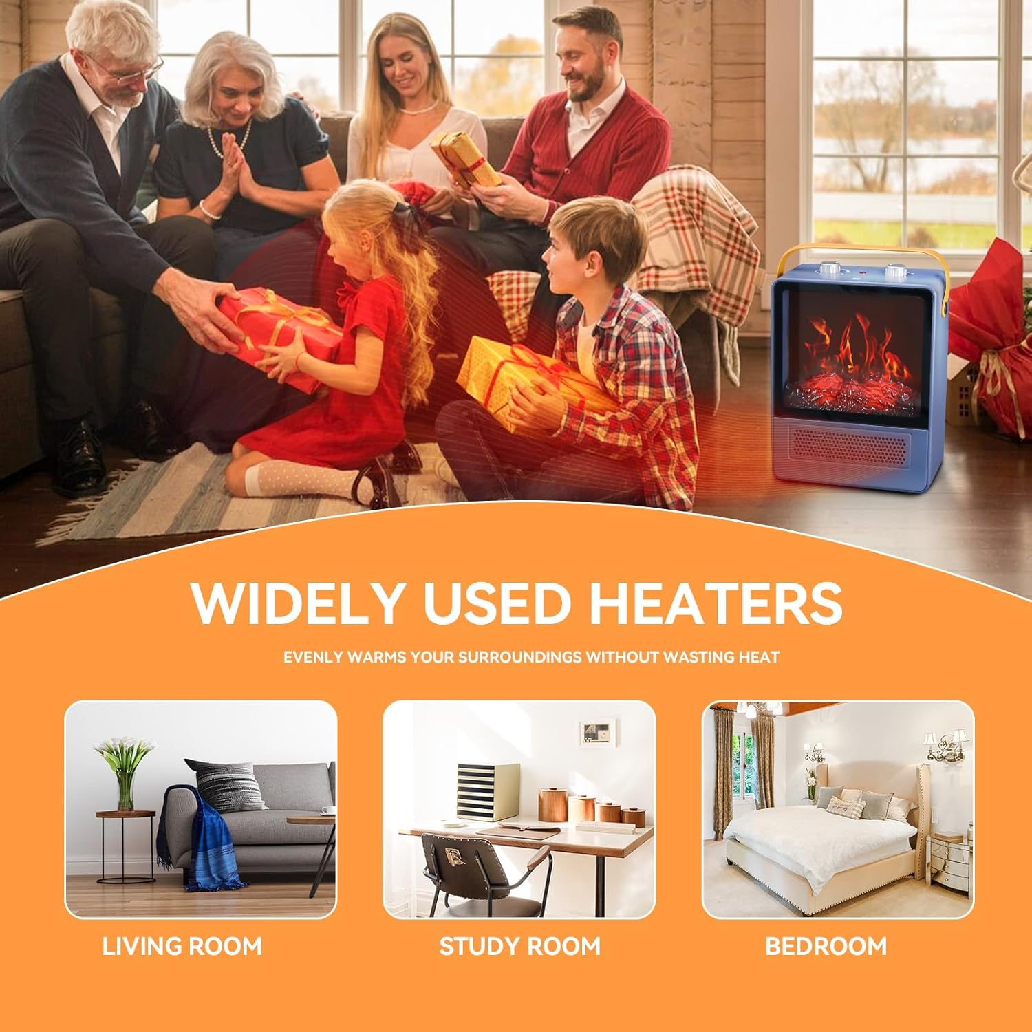 Calentador eléctrico de chimenea, calentador de espacio portátil de 1500 W, chimenea con efecto de llama 3D realista y protección de seguridad