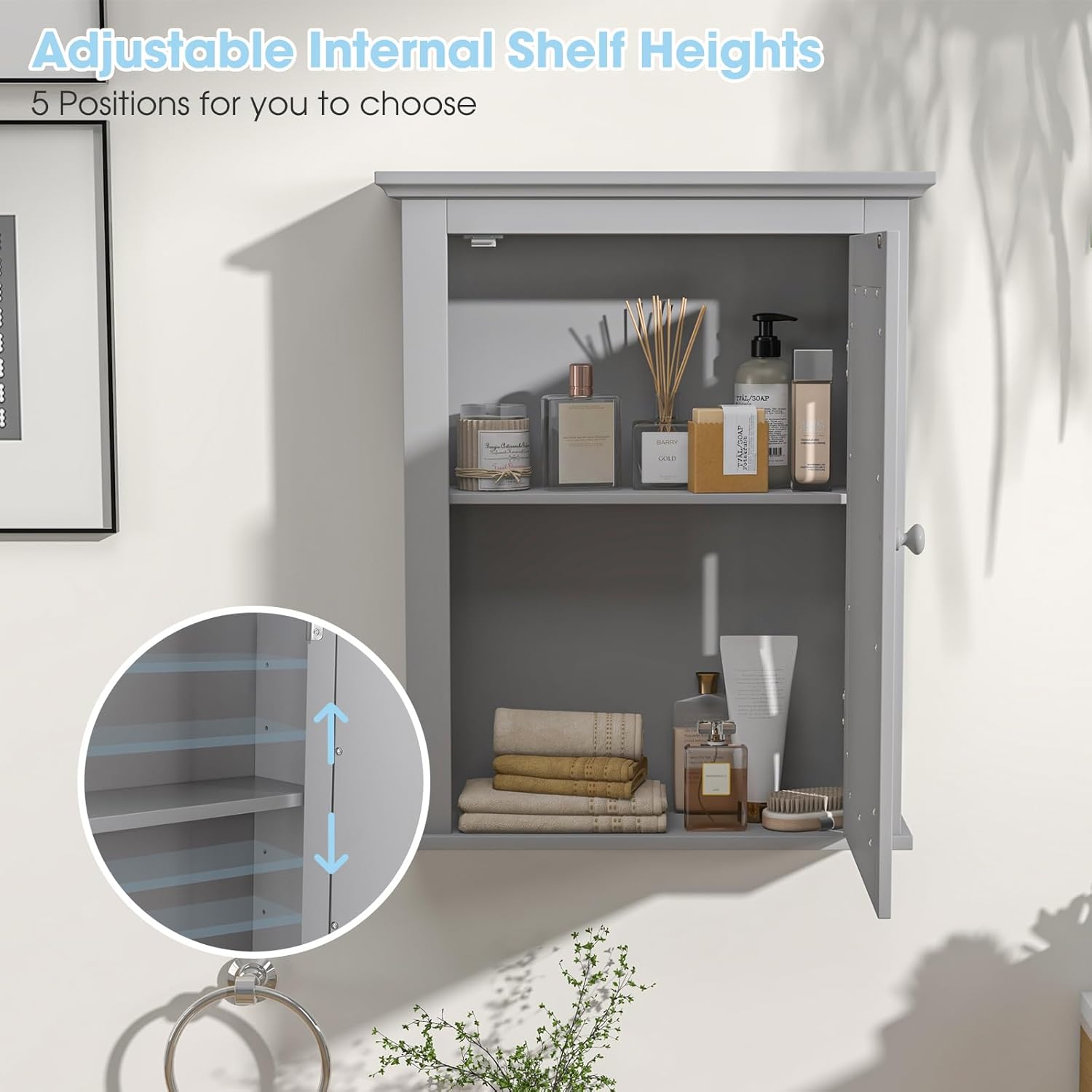 Safeplus Botiquín gris con espejo, almacenamiento ajustable montado en la pared para baño, sala de estar, dormitorio, entrada y cocina