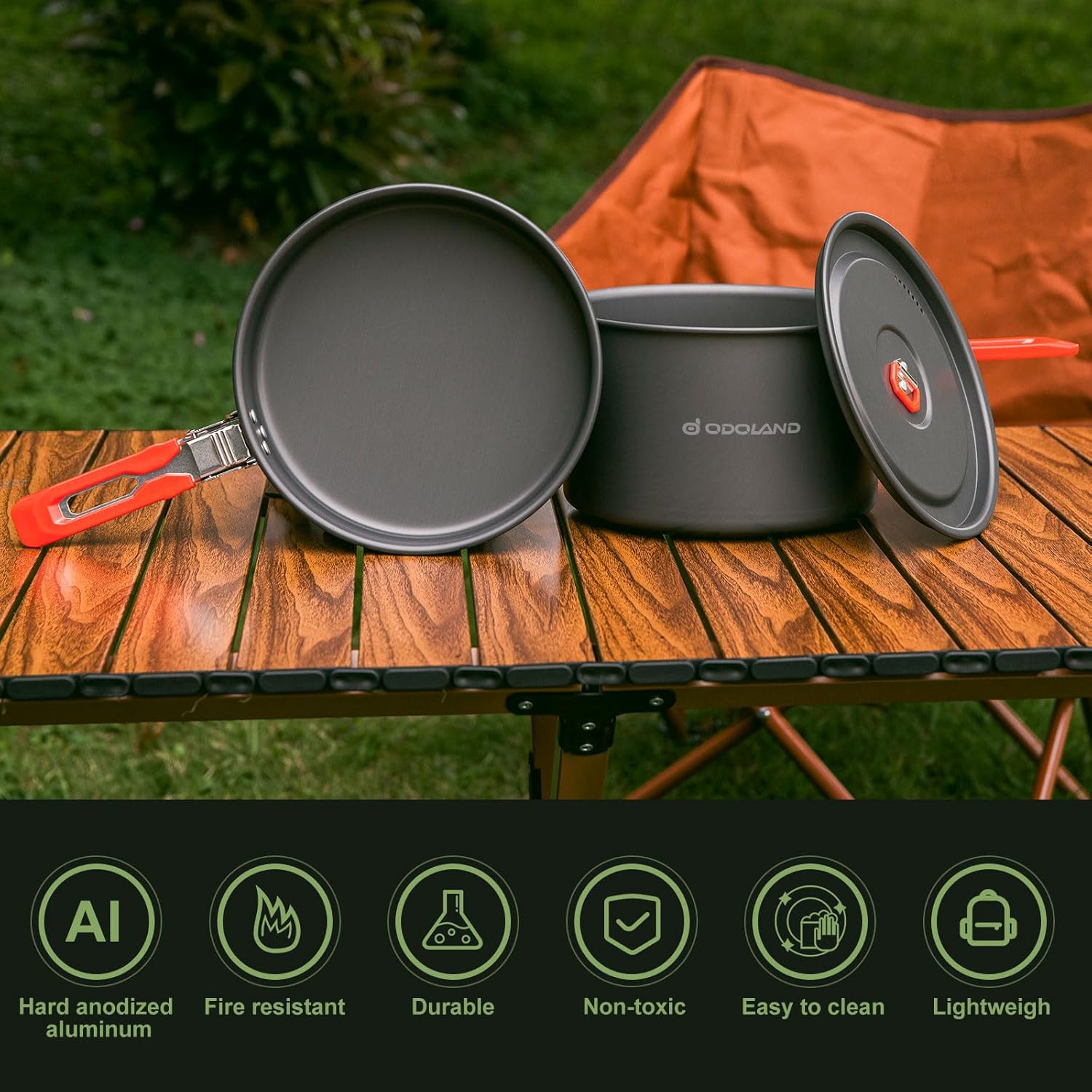 Odoland Kit de utensilios de cocina para camping, antiadherente, ligero, juego de ollas y sartenes con bolsa de malla para camping, mochileros,