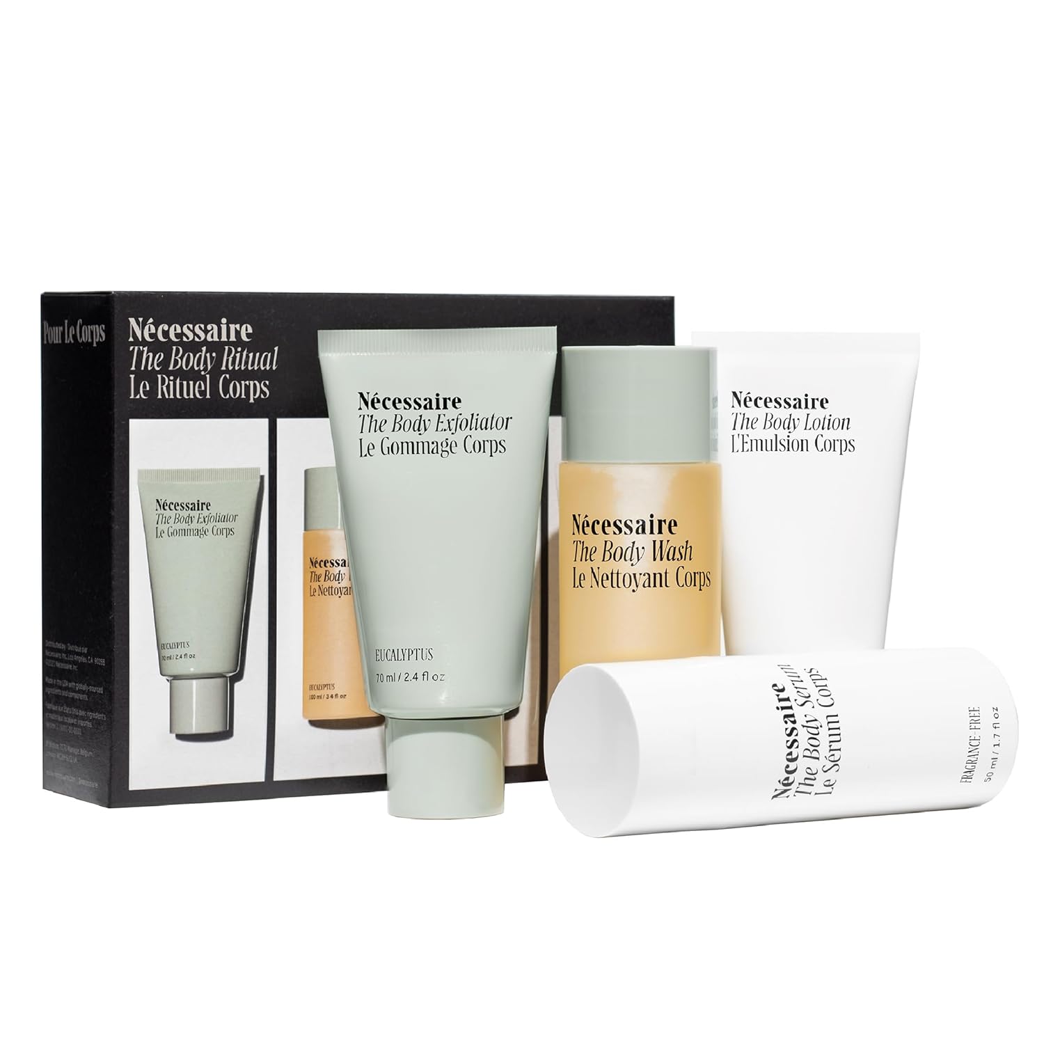 Nécessaire The Body Ritual Set. 4 x tamaño de viaje. Suave, repone, firme, hidrata con AHABHAPHA, ácido hialurónico, péptidos, niacinamida. Probado