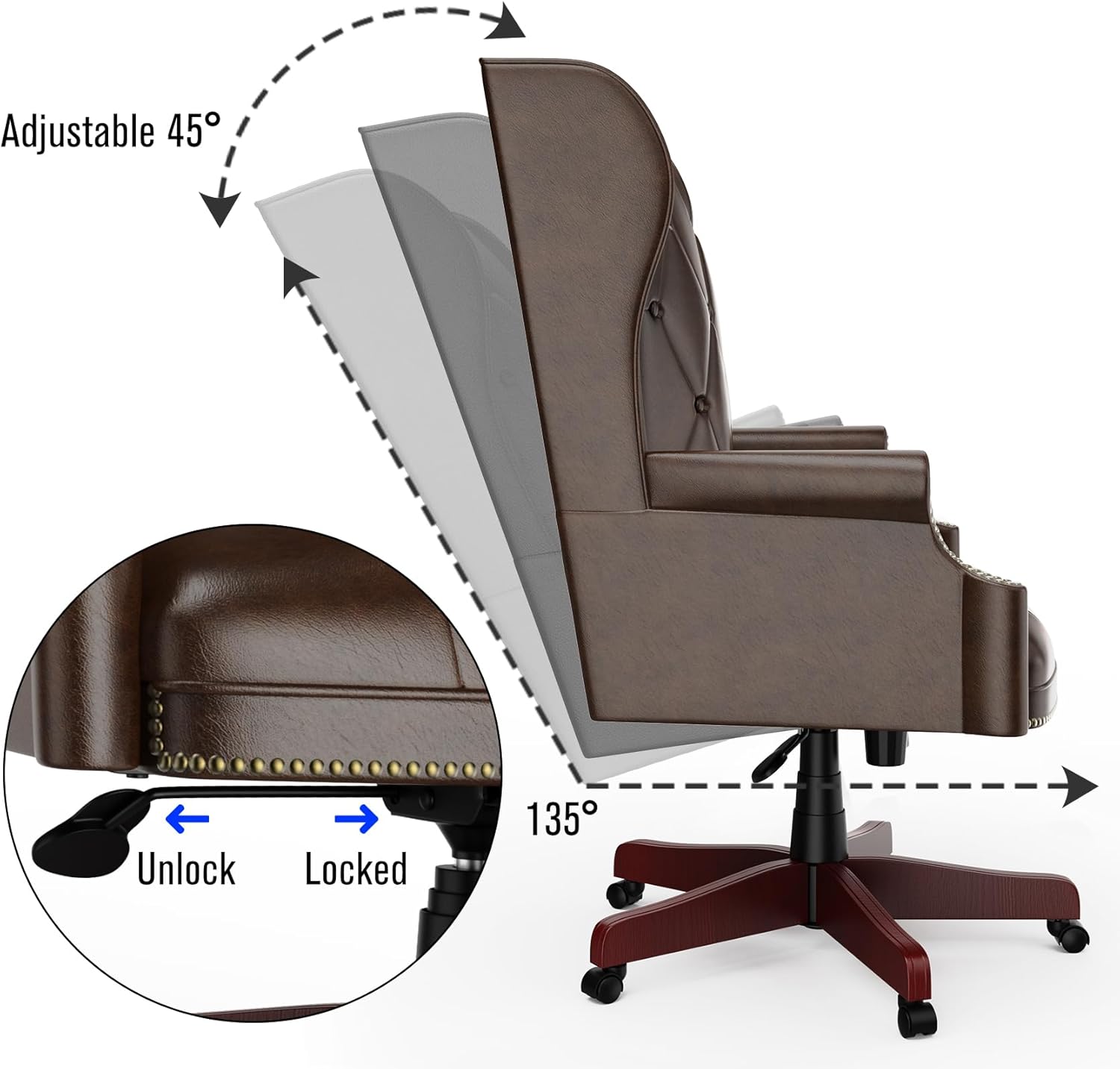 Silla de oficina ejecutiva de cuero con respaldo alto, 330 libras, diseño ergonómico, asiento y respaldo acolchados gruesos, con botones,