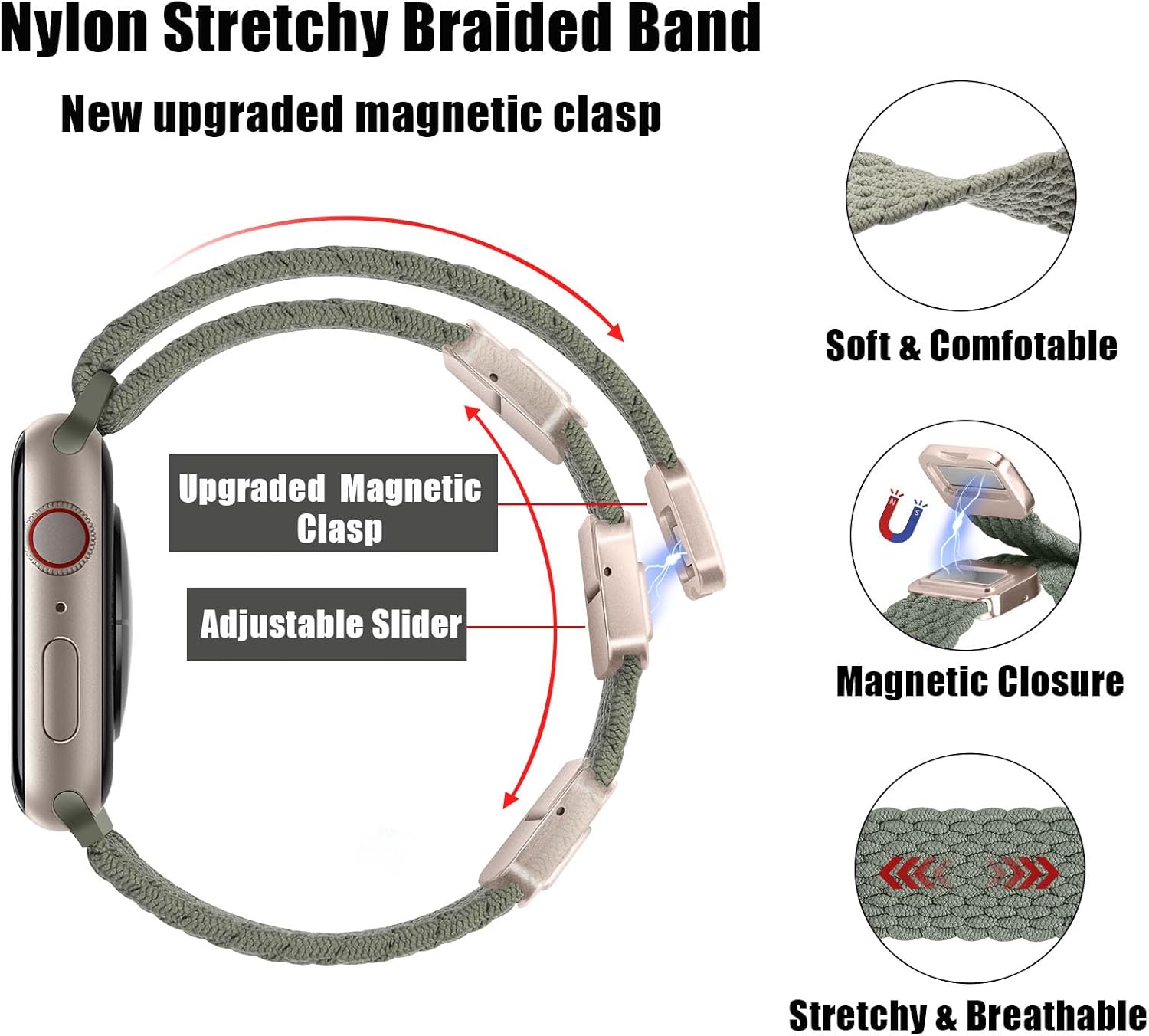 HITZEE Compatible con Apple Watch Band de 1.92, 1.77, 1.73, 1.65, 1.61, 1.57 y 1.49 pulgadas, bandas elásticas trenzadas con cierre magnético
