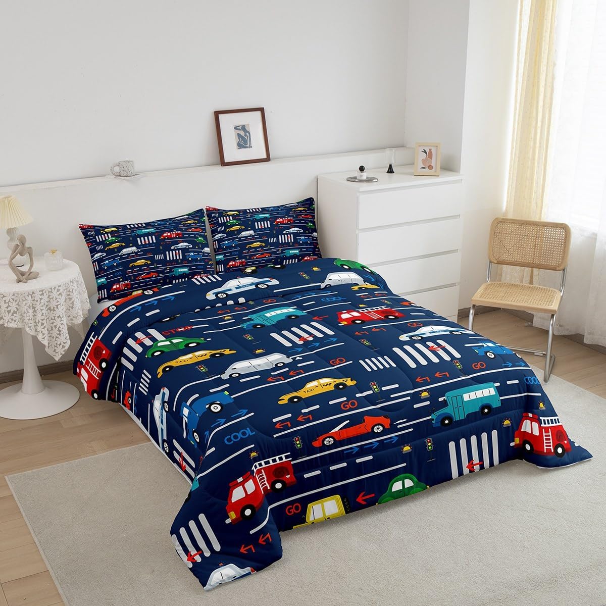 Feelyou Juego de ropa de cama con diseño de caricaturas para automóvil, tamaño Queen, con vehículos de transporte y automóviles, edredón de camión