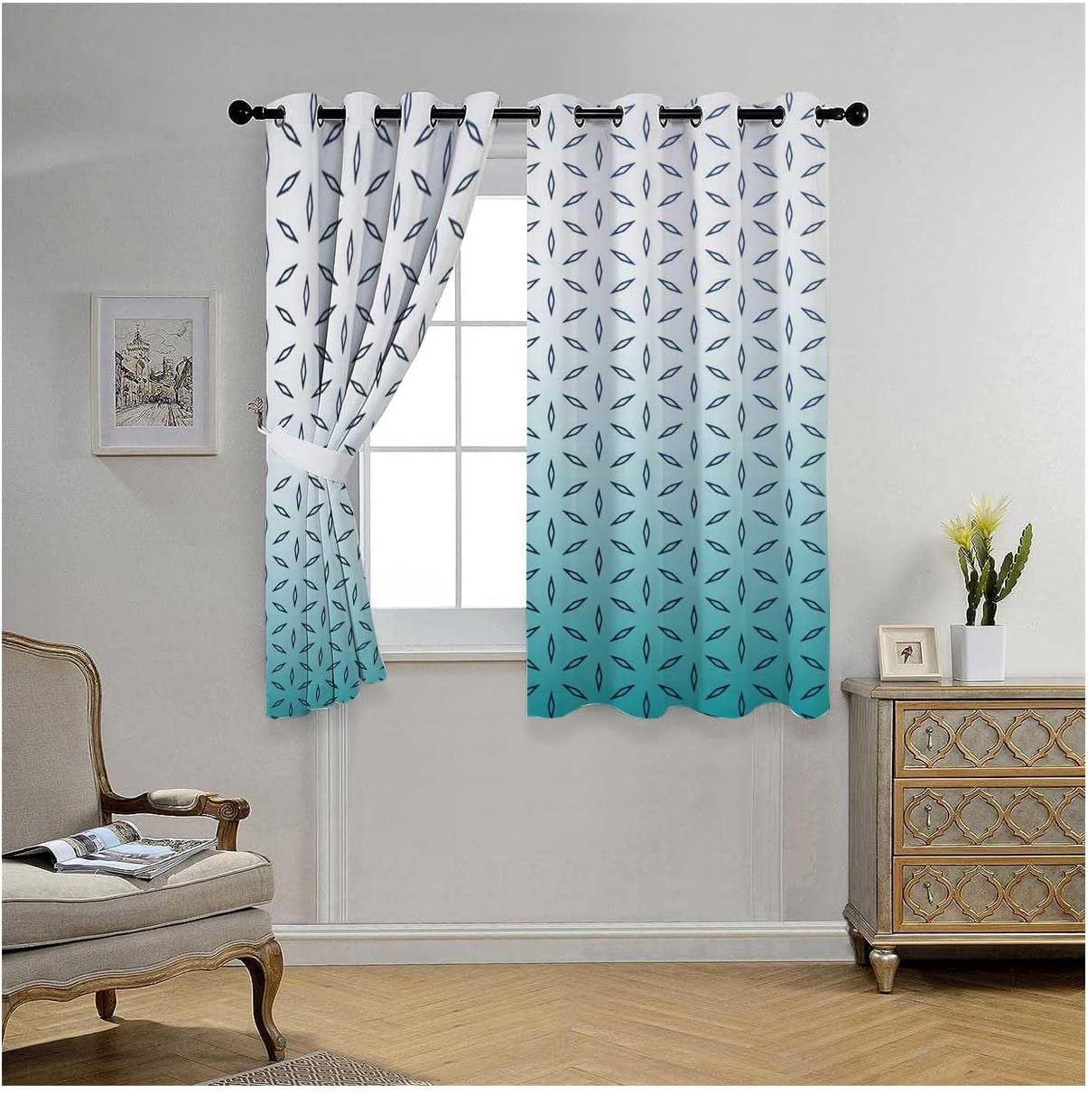 YANFENQI Cortinas para Habitacion Blackout White Cyan Gradient Geometric Checked Apartment Noise Blocker Room Darkening 55Inch Width by 45Inch