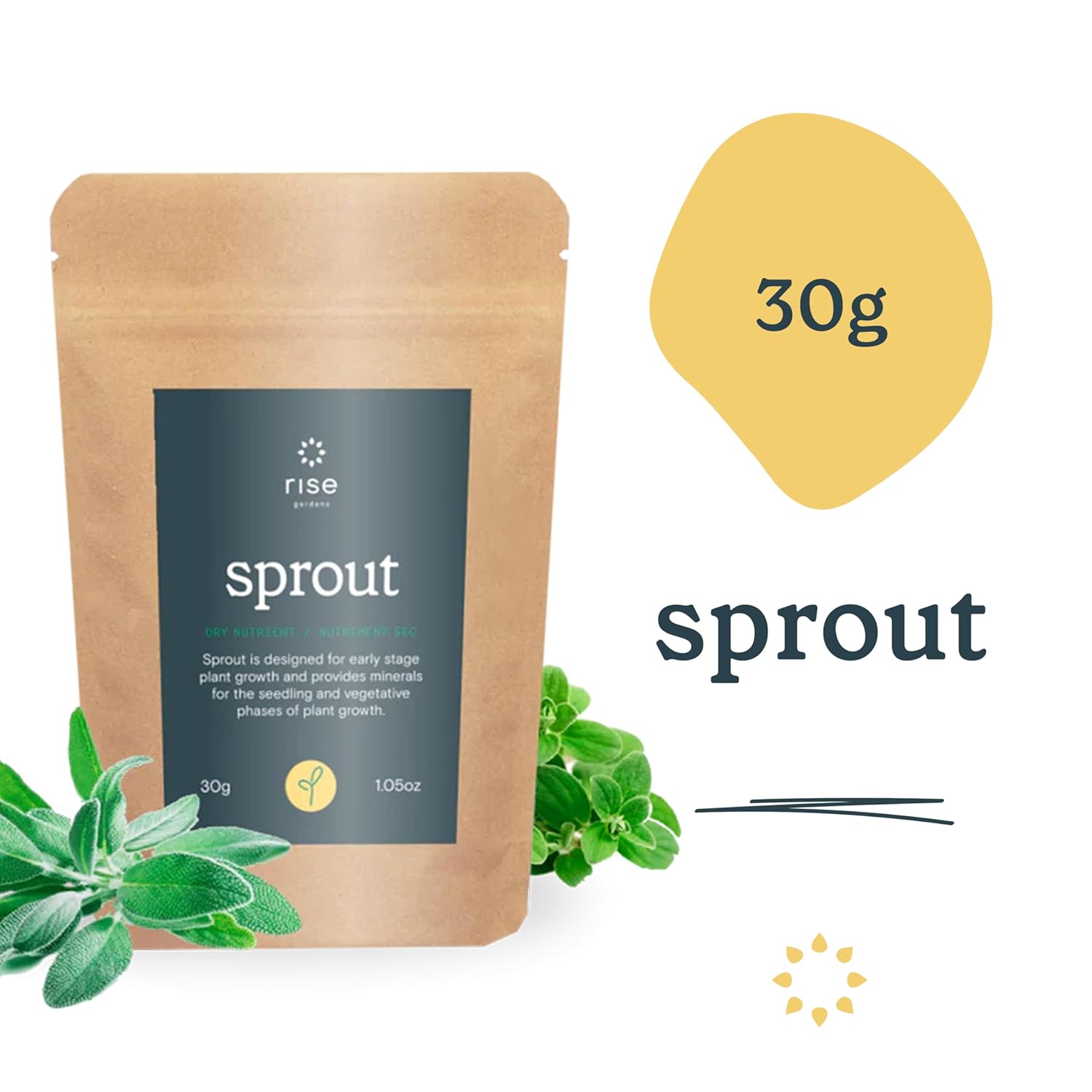 Rise Gardens Dry Sprout Nutrient  Nutrientes hidropónicos y alimentos vegetales para el crecimiento de plantas de interior, nutrientes secos, 1.06 oz