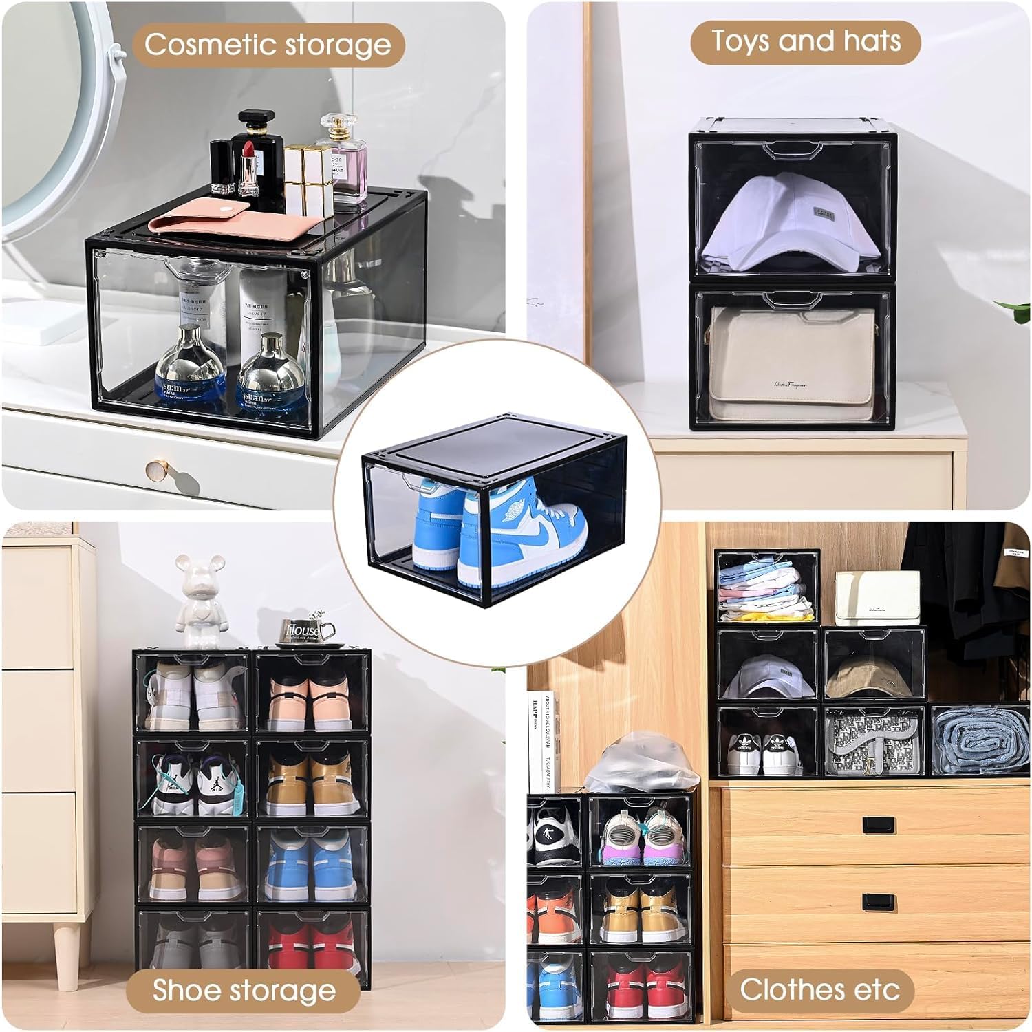 Cajas de almacenamiento de zapatos transparentes apilables, paquete de 6 organizadores de zapatos para armario, caja de tenis, ajuste fuerte y