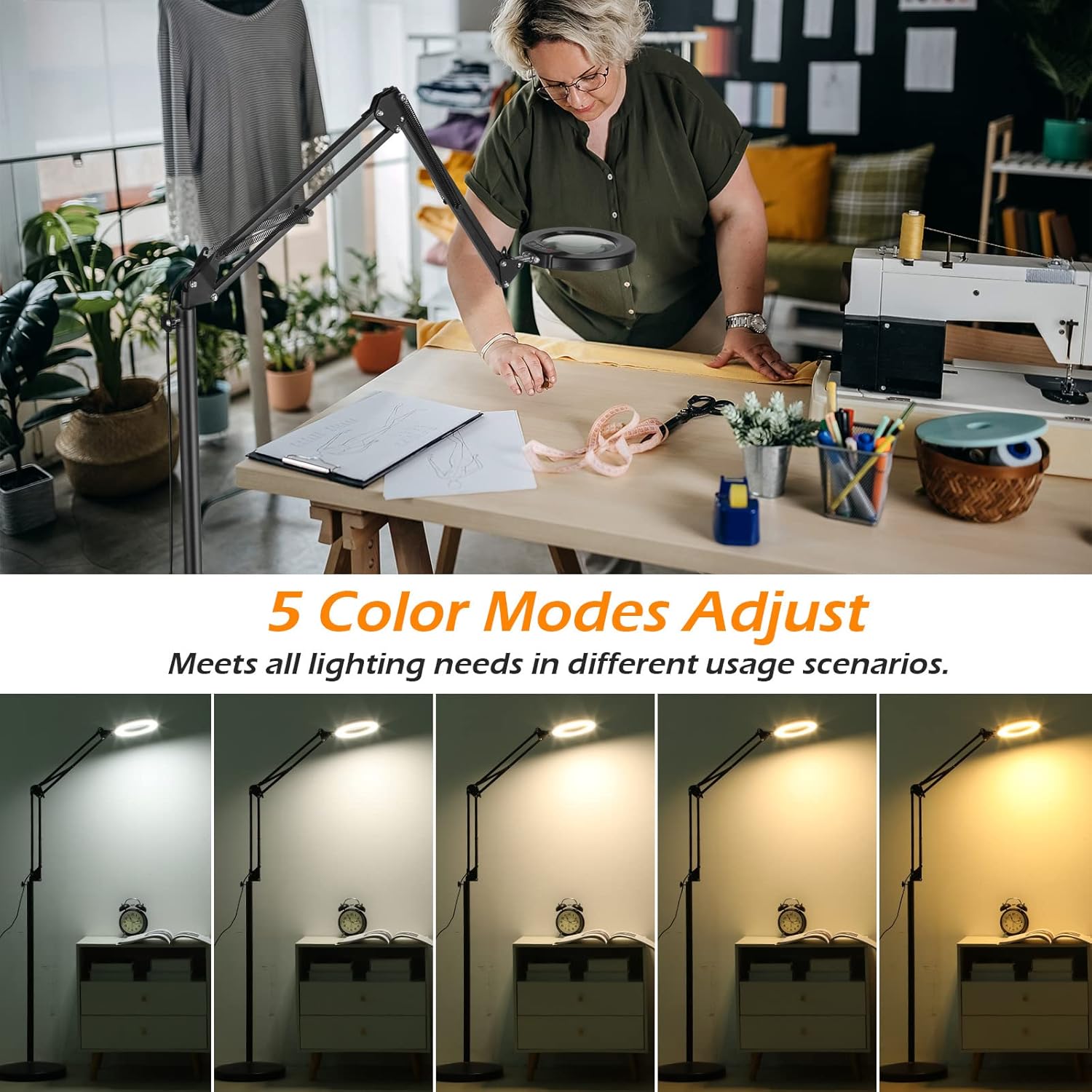 Krstlv – Lupa 8X con luz y soporte, LED 4 en 1, 5 modos de color, lámpara de pie regulable sin escalones, lámpara de pie con brazo oscilante