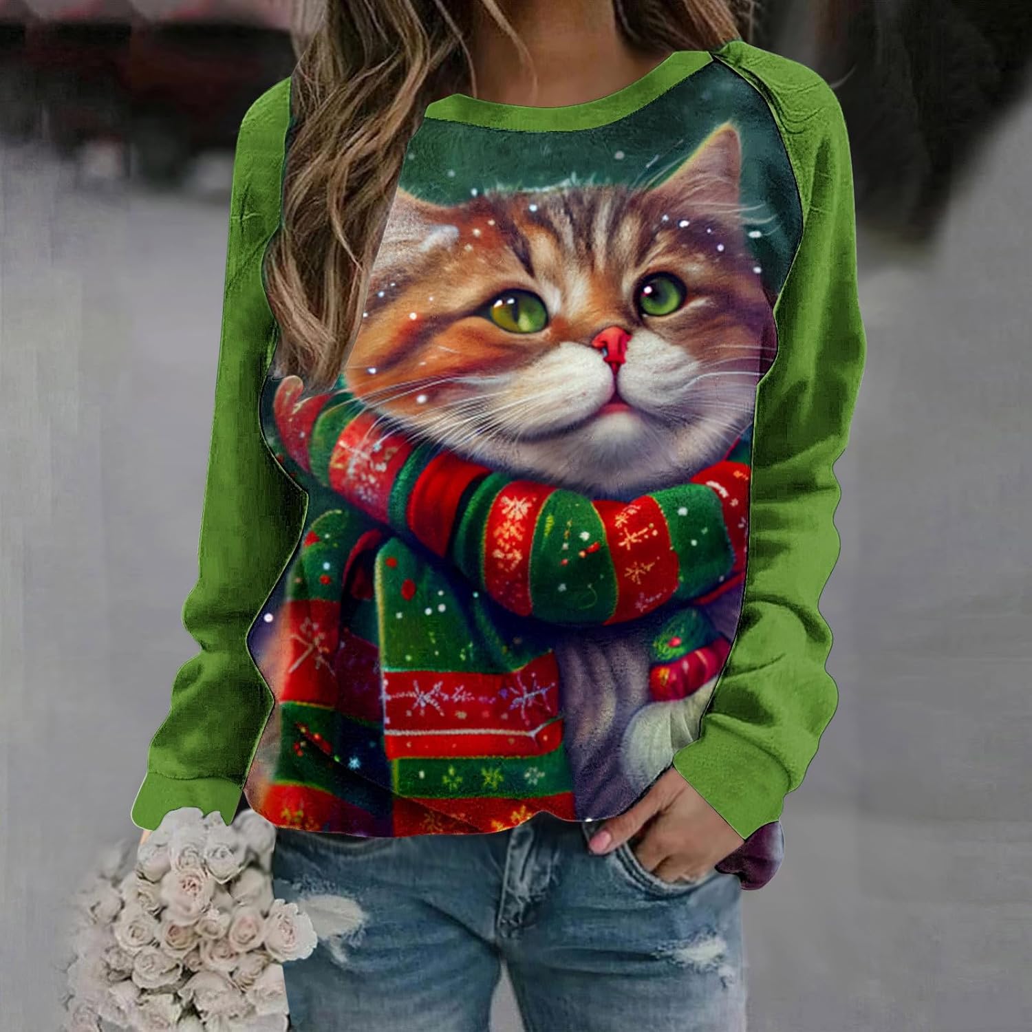 Sudaderas feas para mujer con estampado de animales de Navidad, manga raglán, bloque de color, túnica de otoño, camisas de entrenamiento con cuello