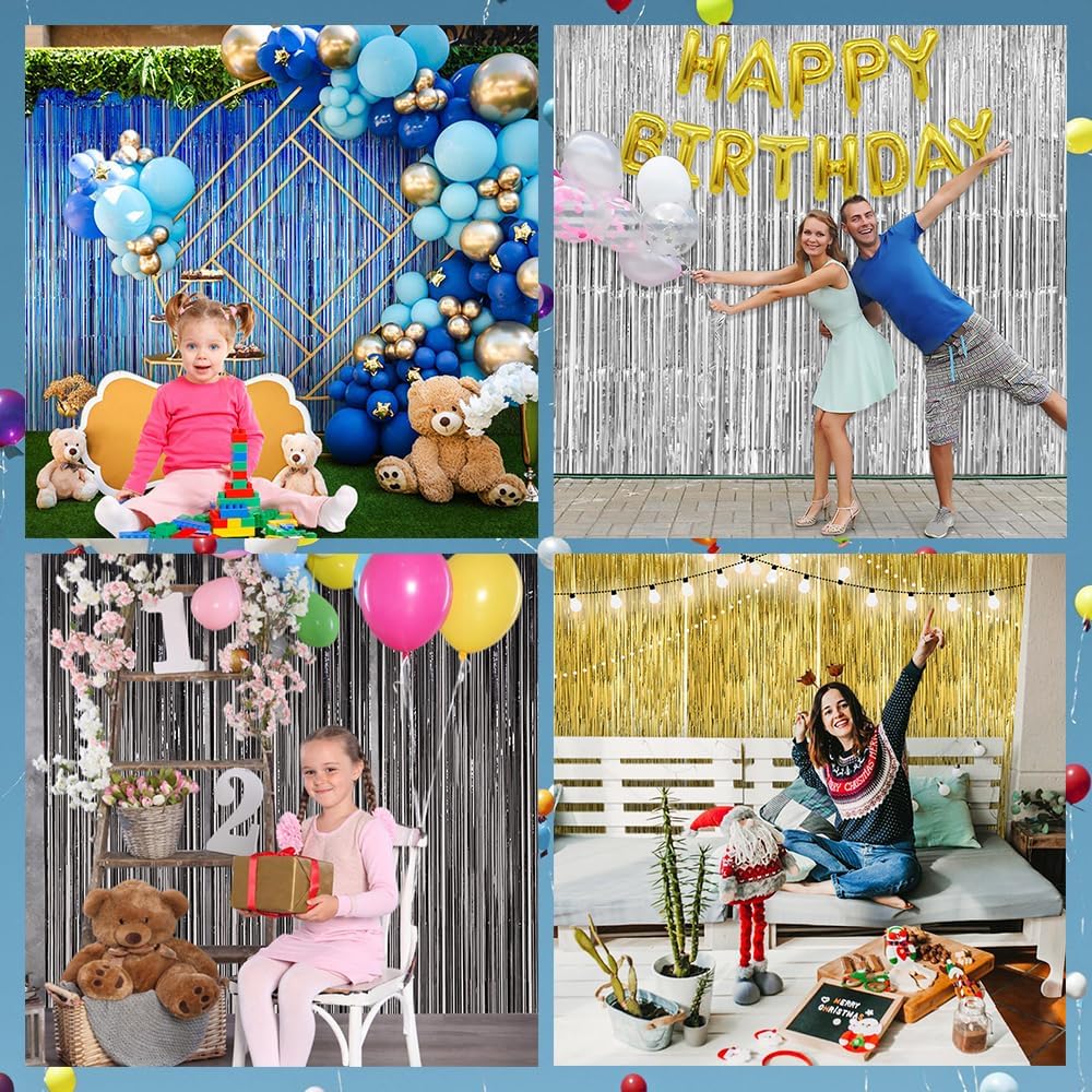 Paquete de 2 cortinas de flecos de papel de aluminio azul de 3.3 x 6.6 pies, cortinas de fondo para decoraciones de fiesta azul, graduación, boda,