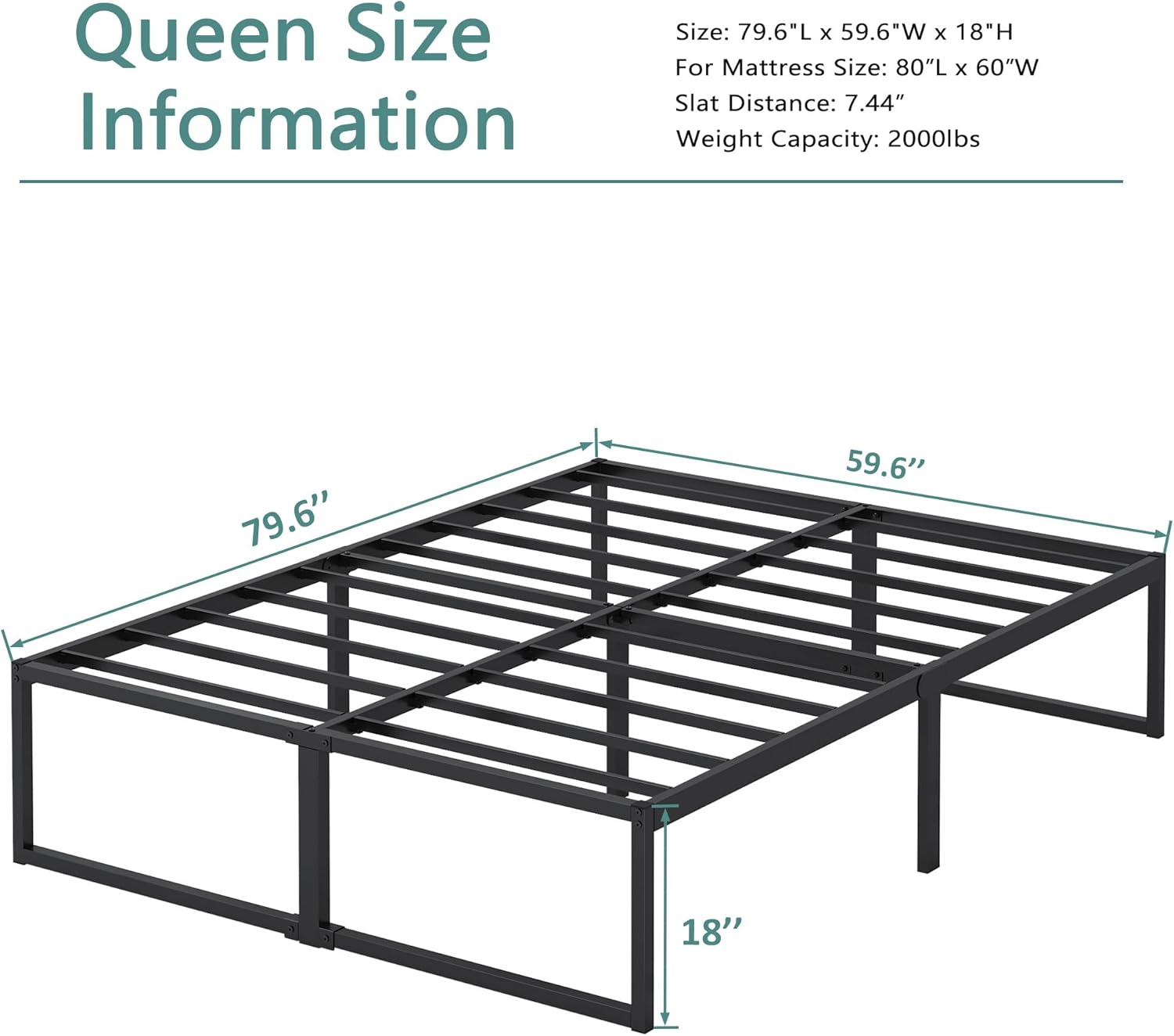 Marco de cama Queen de 18 pulgadas, no necesita somier, plataforma de metal resistente, marco de cama tamaño Queen, soporte de listones de acero