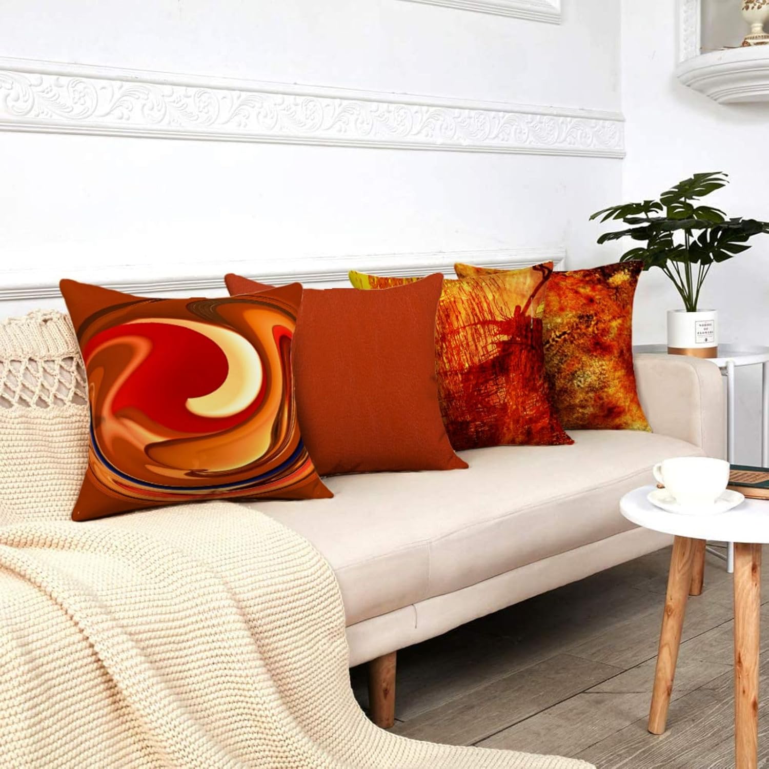 GALMAXS7 Juego de 4 fundas de almohada de 18 x 18 pulgadas, fundas de almohada decorativas modernas de arte abstracto con pintura naranja quemada,