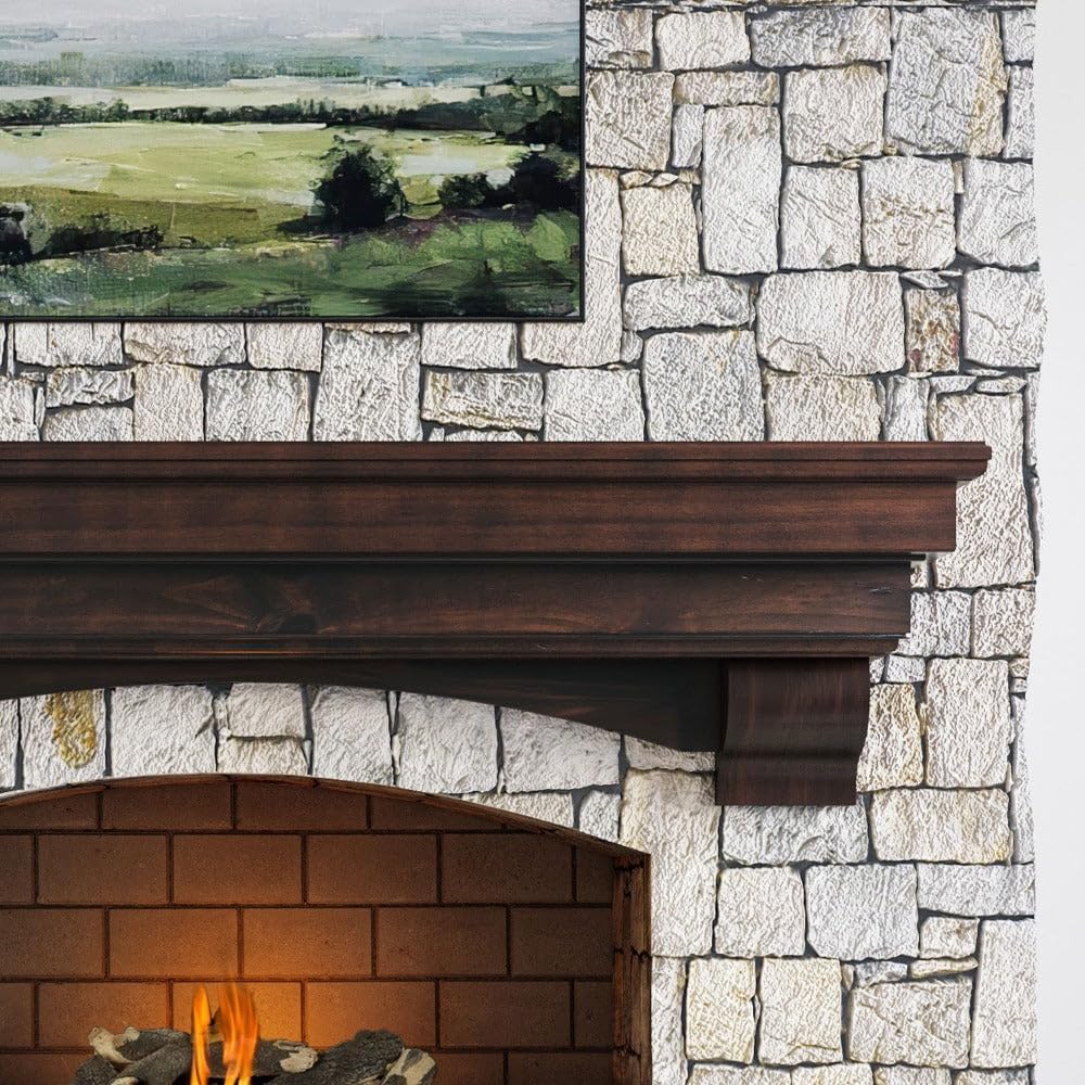 MANTELSDIRECT Mantels Direct Salem – Estantería de madera con ménsulas arqueadas, palisandro de 60 pulgadas, estante rústico de madera de pino para