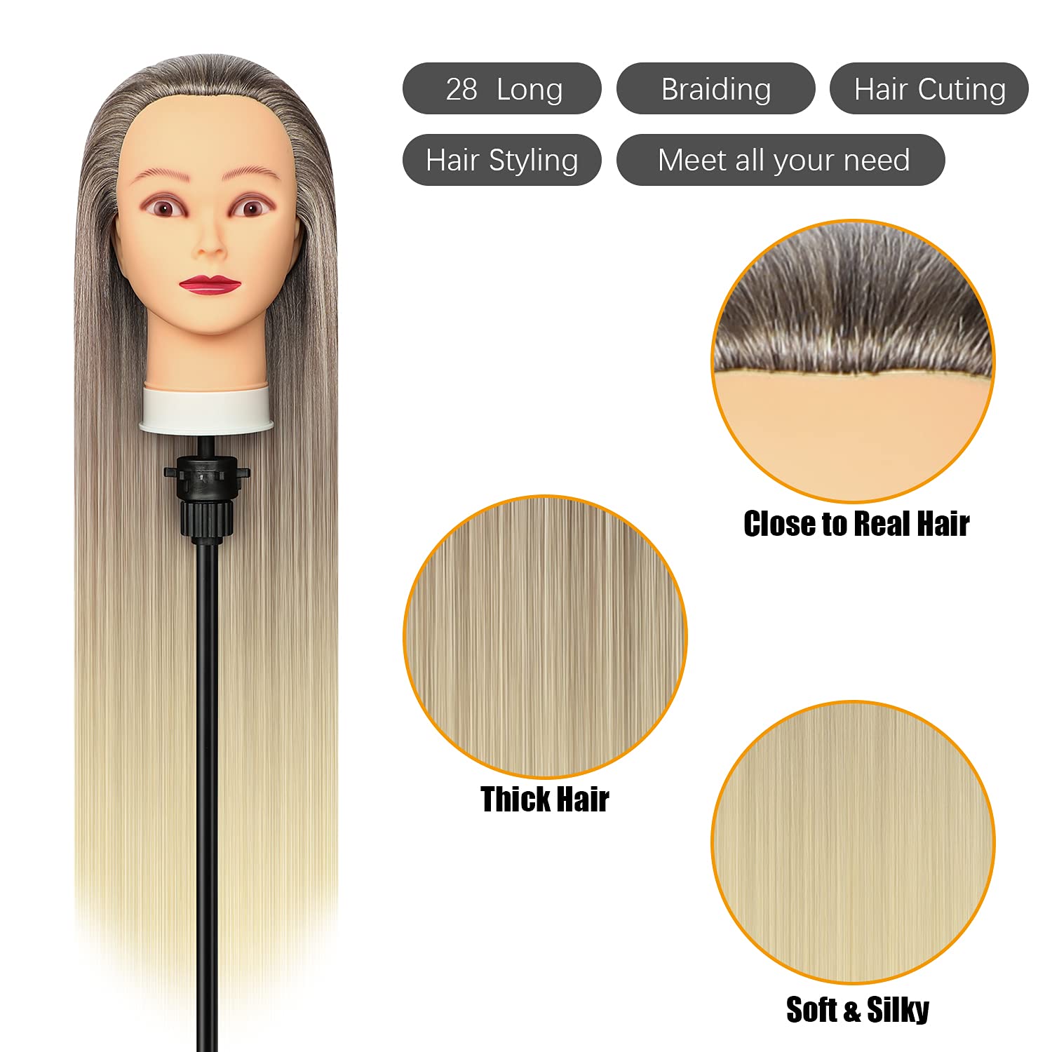 Cabezal de entrenamiento de 28 pulgadas, cabeza de peluquería 100% fibra sintética, cabeza de entrenamiento de peluquería con abrazadera gratuita y