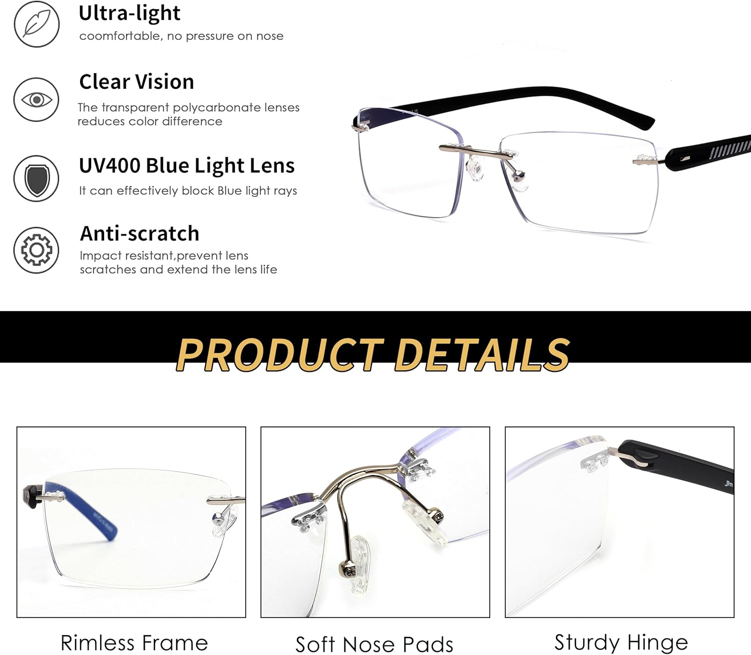 JM Paquete de 3 lentes de lectura sin montura para hombres, bloqueo de luz azul, rectángulos, ligeros, sin marco, para lectura de computadora