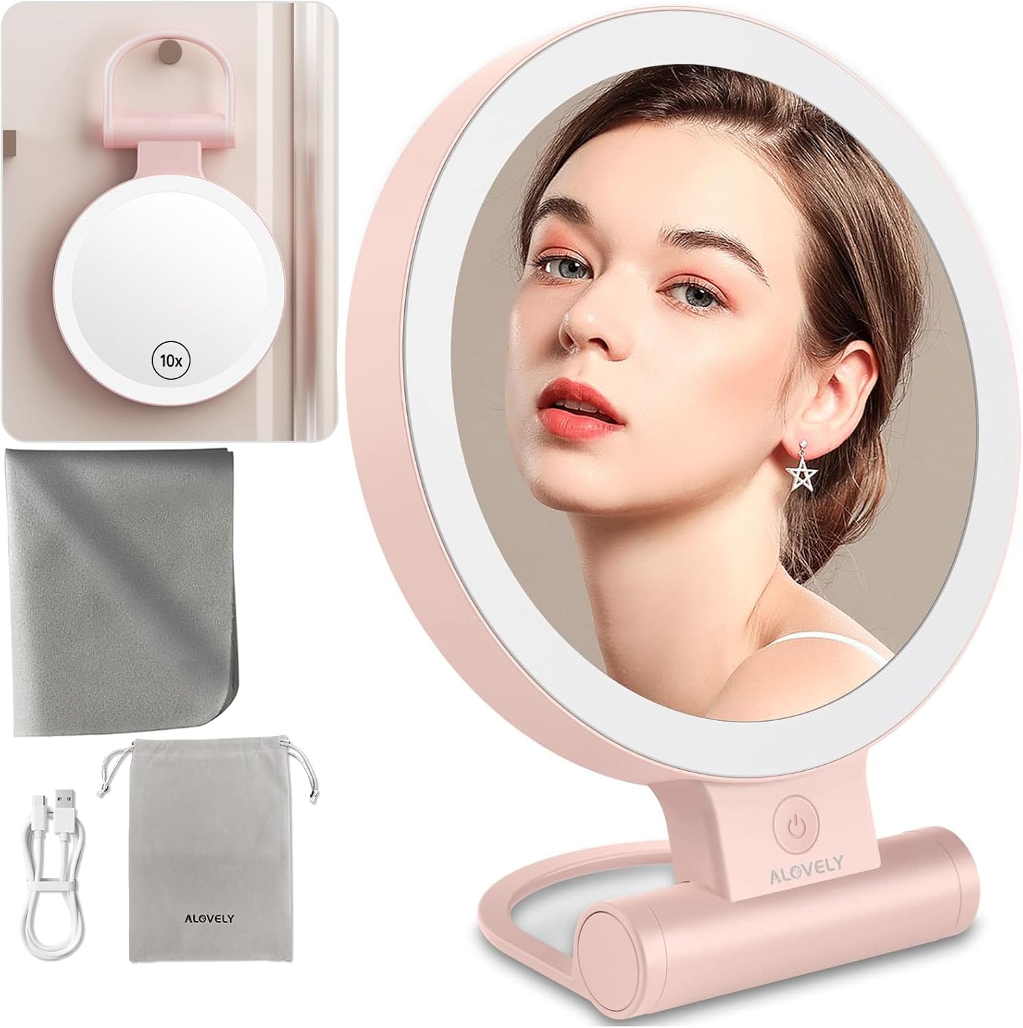 Espejo de aumento de viaje con luz, espejo de maquillaje iluminado con aumento de 1X10X, espejo de tocador LED portátil con brillo de iluminación de