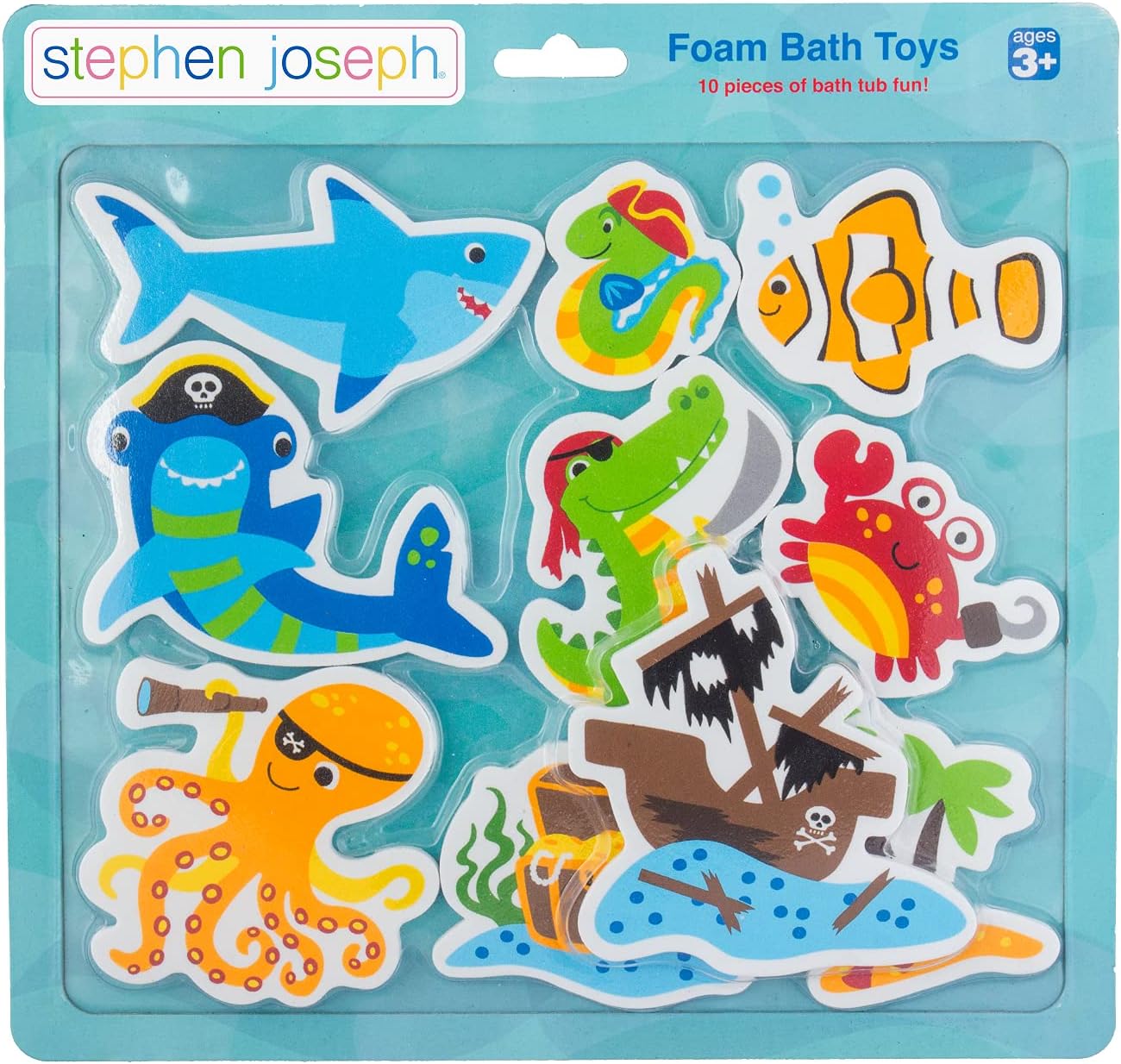 Stephen Joseph, Juego de juguetes de 10 piezas de personaje de baño de espuma flotante, tiburón